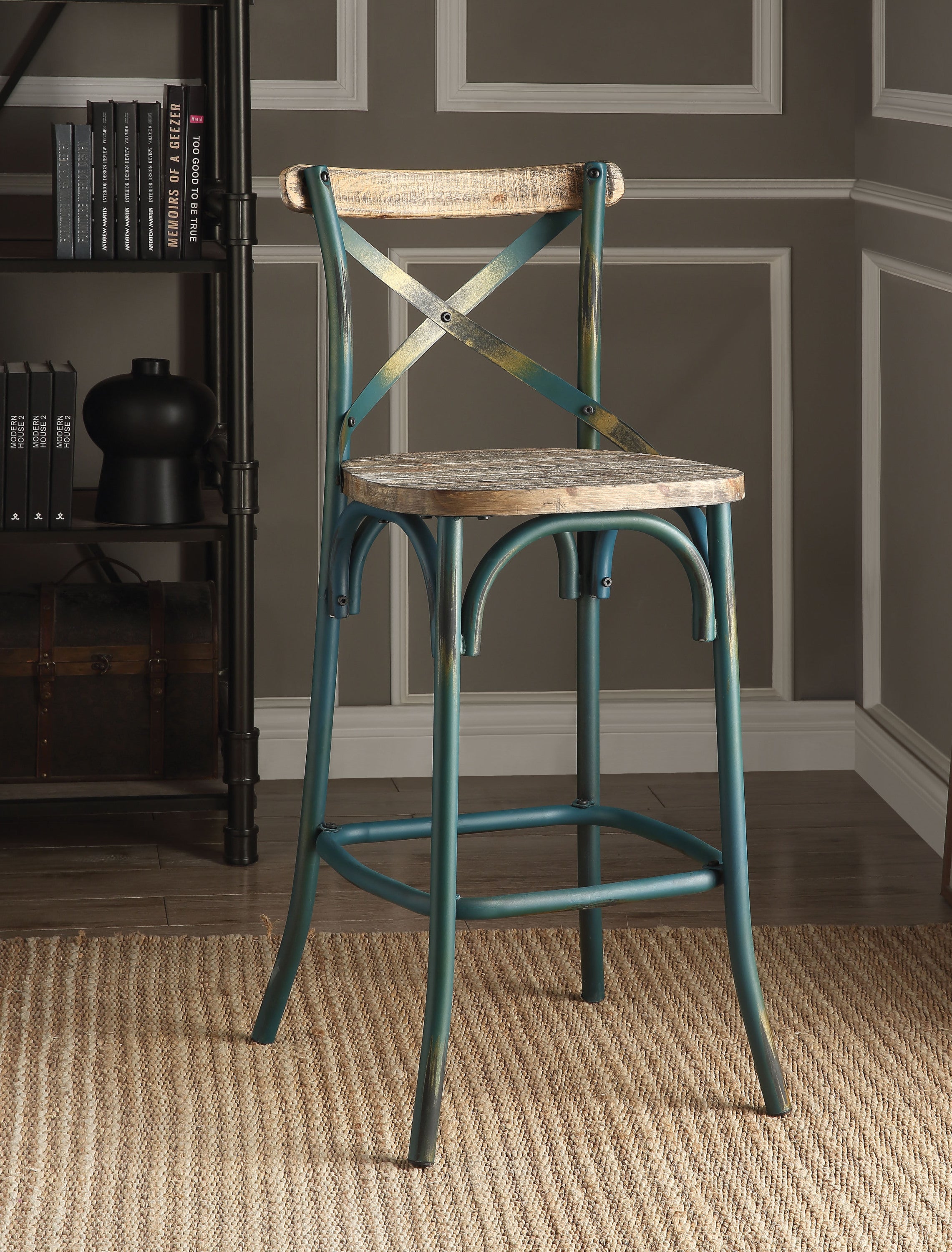 ACME Zaire Bar Chair (1Pc) in Antique Turquoise & Antique Oak 96807