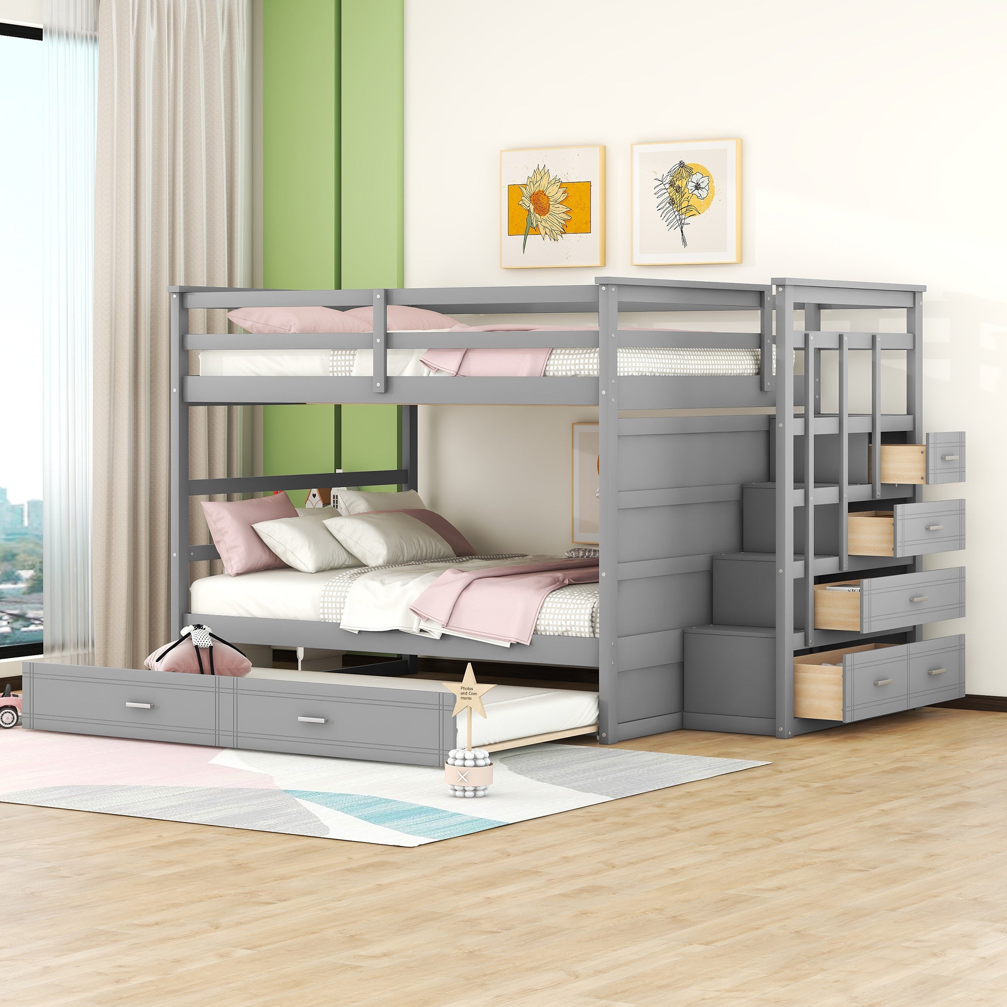 Full Over Full Bunk Bed with Twin Size Trundle and Staircase, Gray