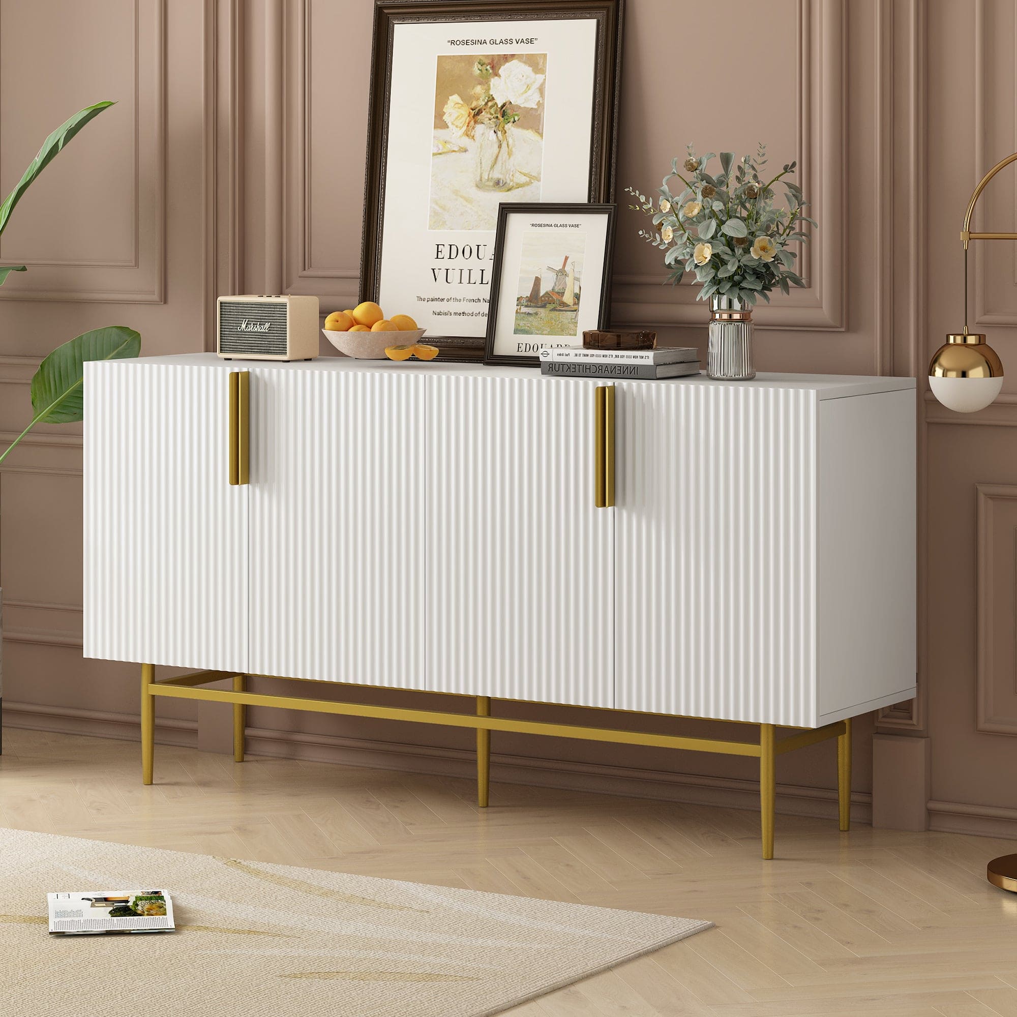 TREXM Modern Elegant 4-door Sideboard Gold Metal Handle Buffet Cabinet for Dining Room, Living Room, Bedroom, Hallway (White)