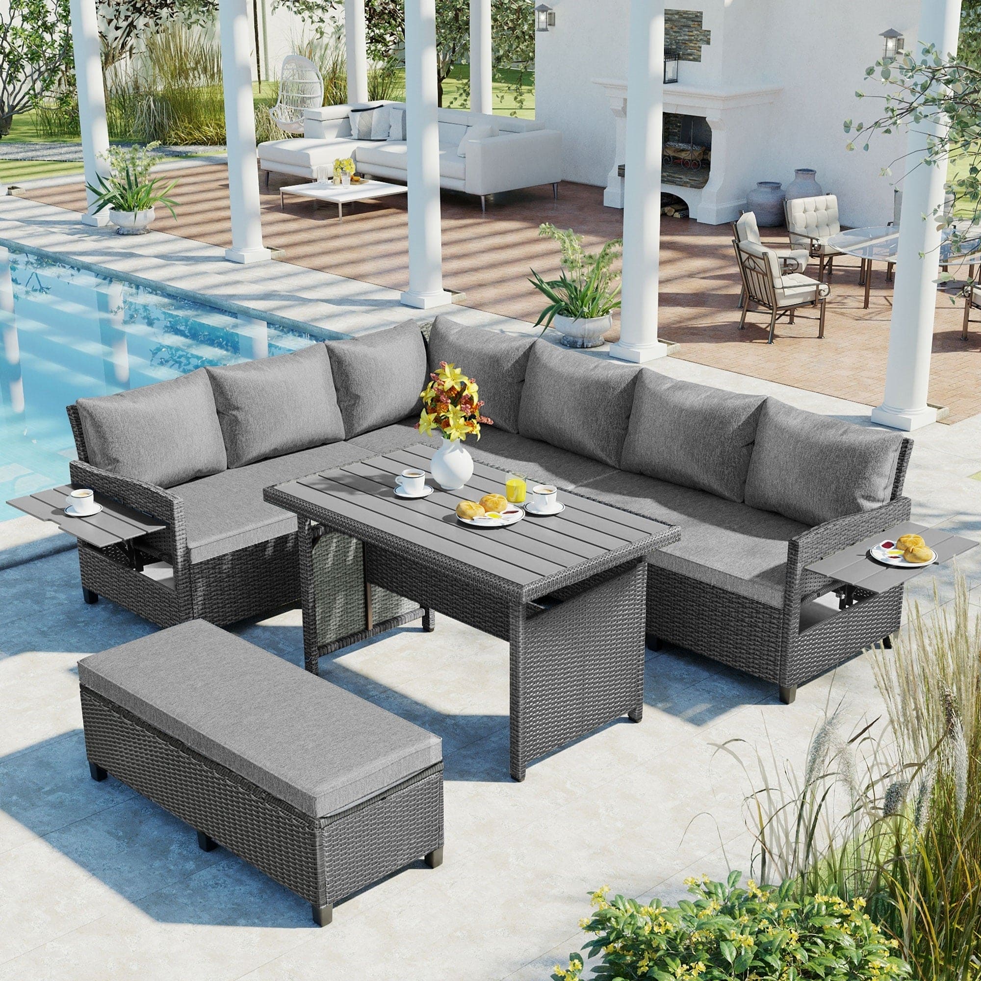 TOMAX 5-Piece Outdoor Patio Rattan Sofa Set, Sectional PE Wicker L-Shaped Garden Furniture Set with 2 Extendable Side Tables, Dining Table and Washable Covers for Backyard, Poolside, Indoor, Gray