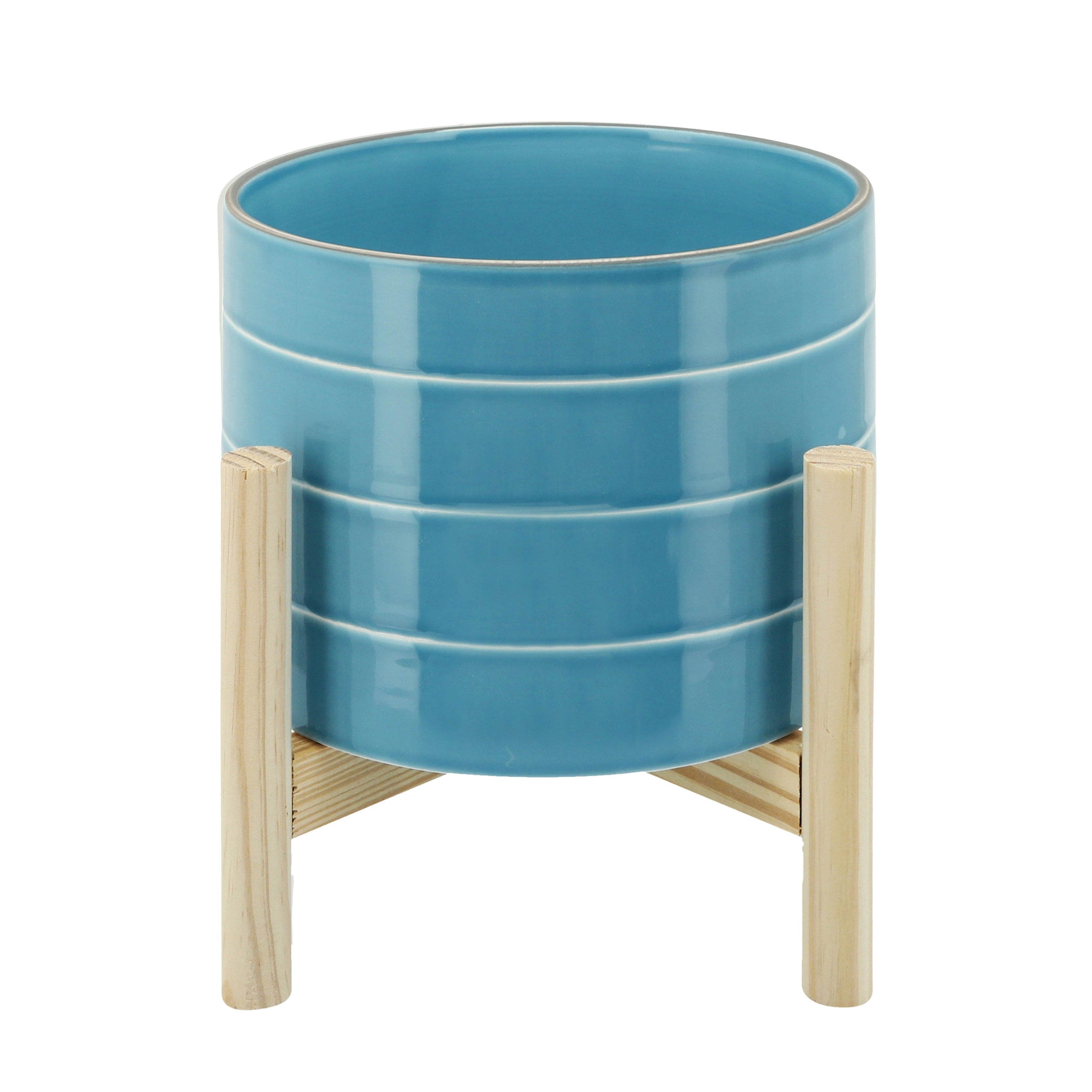 8" STRIPED PLANTER W/ WOOD STAND, SKYBLUE