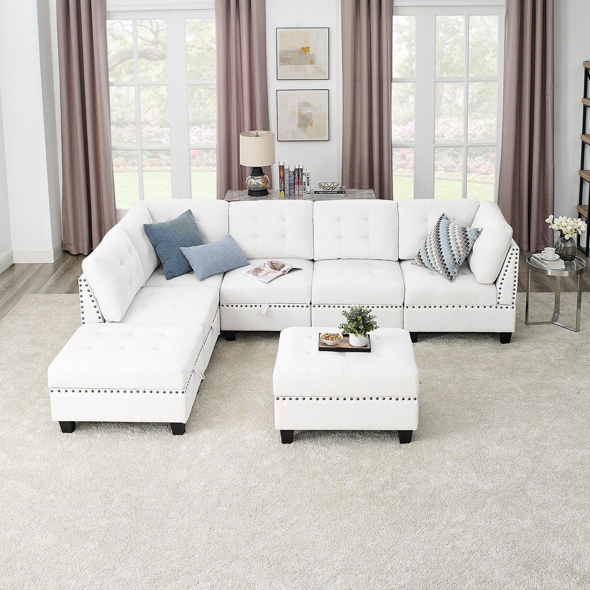 L shape Modular Sectional Sofa,DIY Combination,includes Three Single Chair ,Two Corner and Two Ottoman,Ivory Chenille