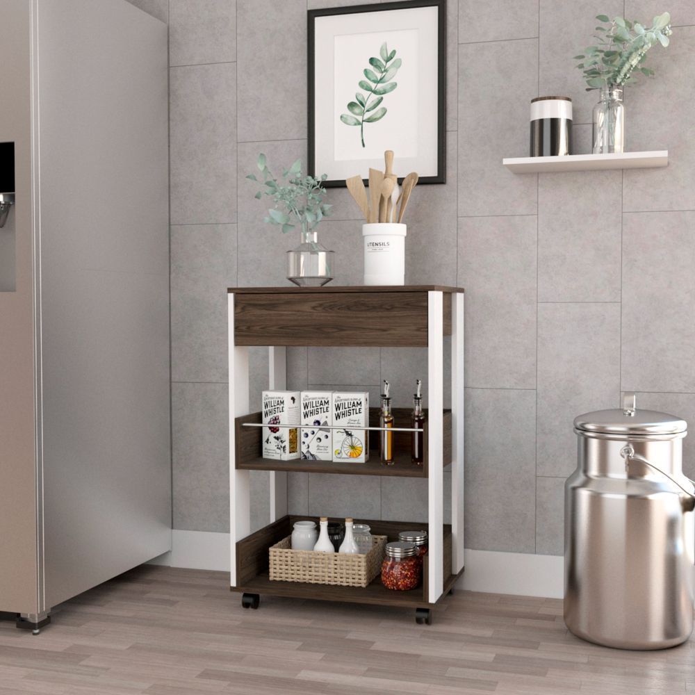 DEPOT E-SHOP Pillar Kitchen Cart, Four Casters, Three Shelves, White / Dark Walnut