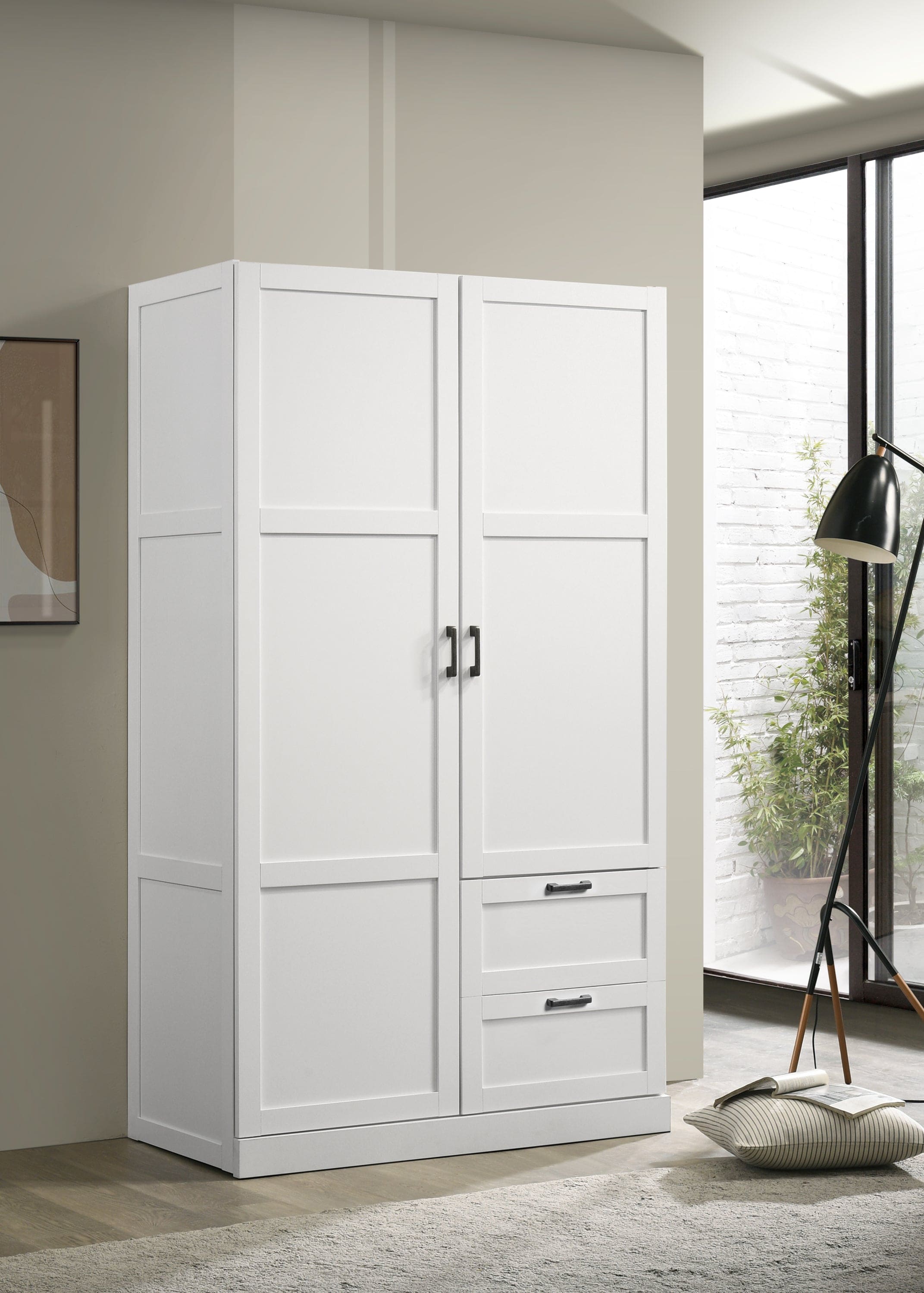 Aubree White Wardrobe Cabinet Armoire with 2 Drawers and Hanging Rod