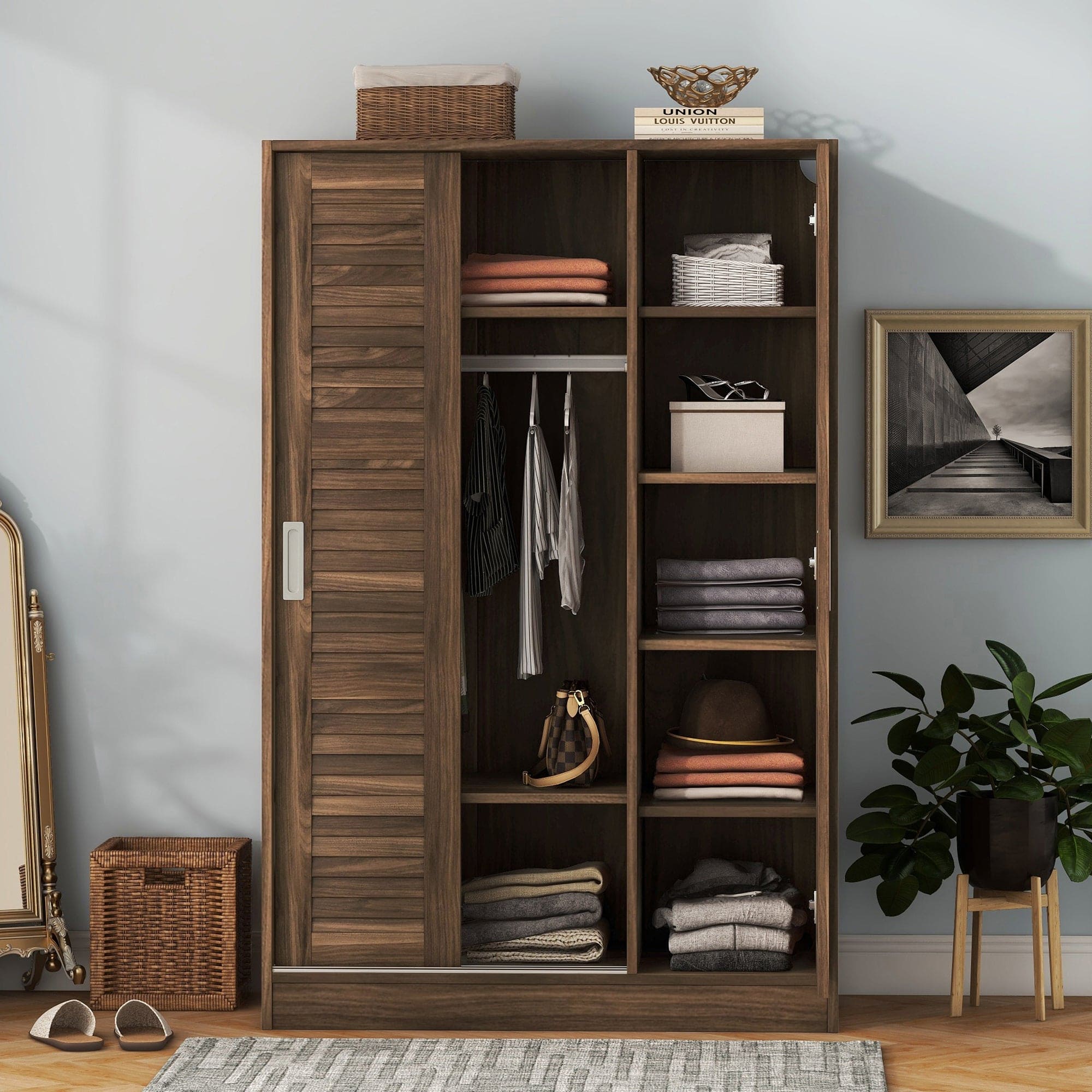 3-Door Shutter Wardrobe with shelves, Walnut