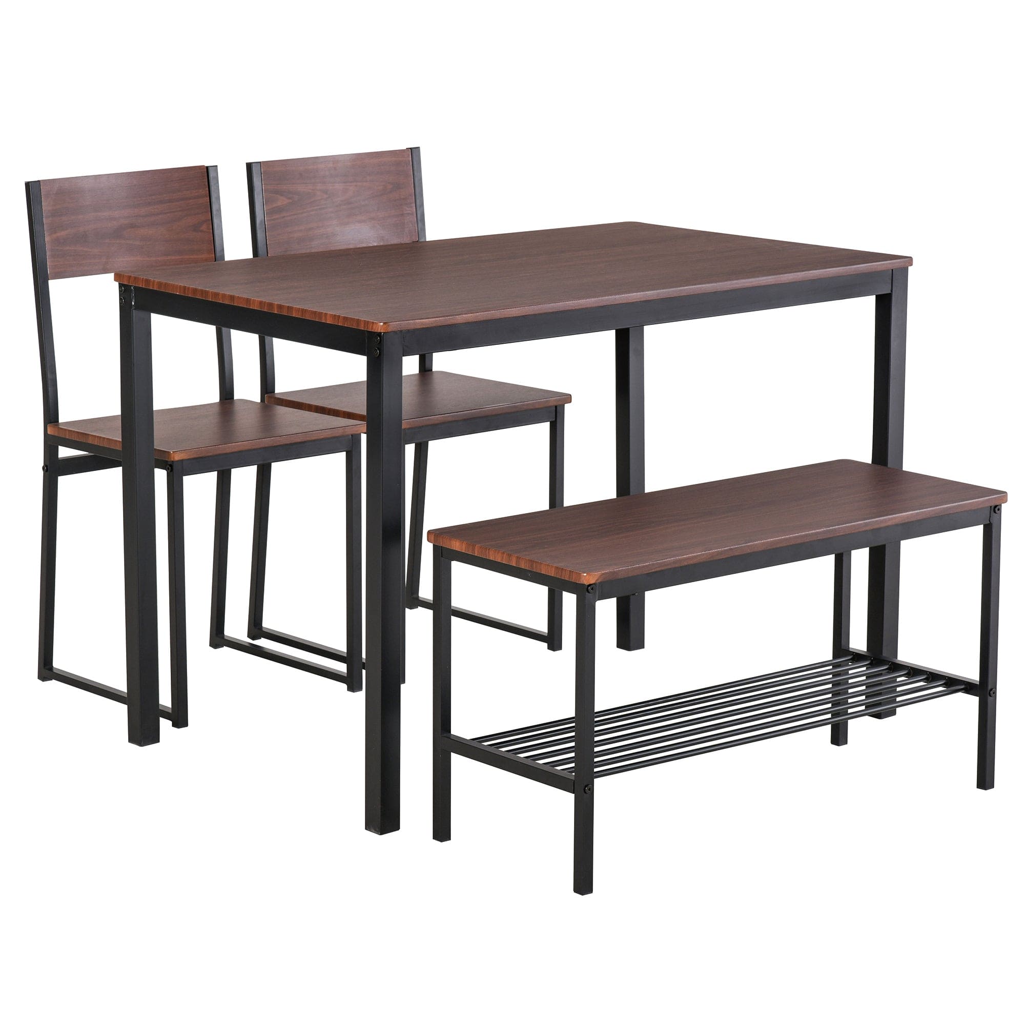 HOMCOM Industrial 4 Piece Dining Room Table Set with Bench Wooden Kitchen Table and Chairs w/ Storage Rack for Kitchen, Dinette, Black/Brown