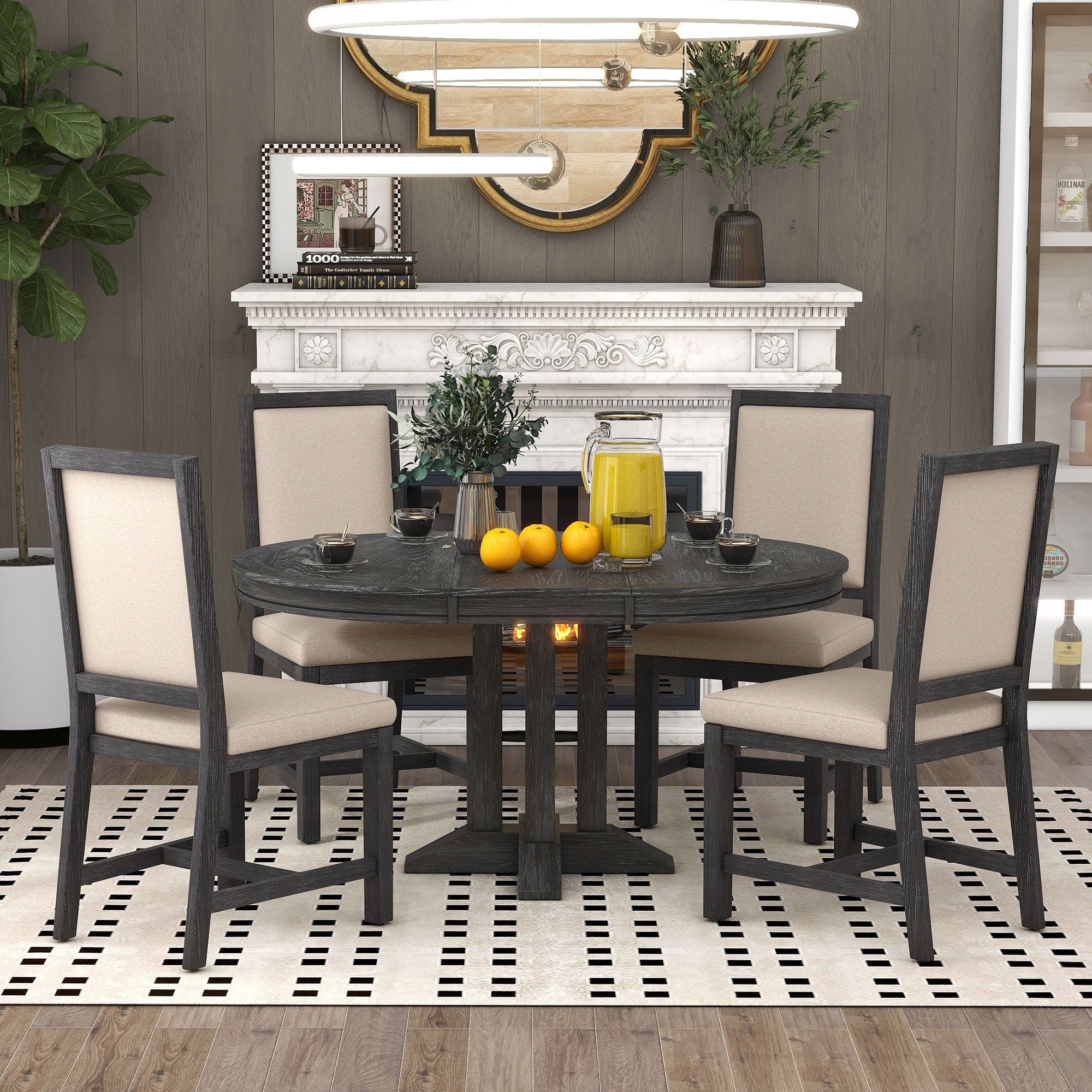 TREXM 5-Piece Dining Set Extendable Round Table and 4 Upholstered Chairs Farmhouse Dining Set for Kitchen, Dining Room(Black)