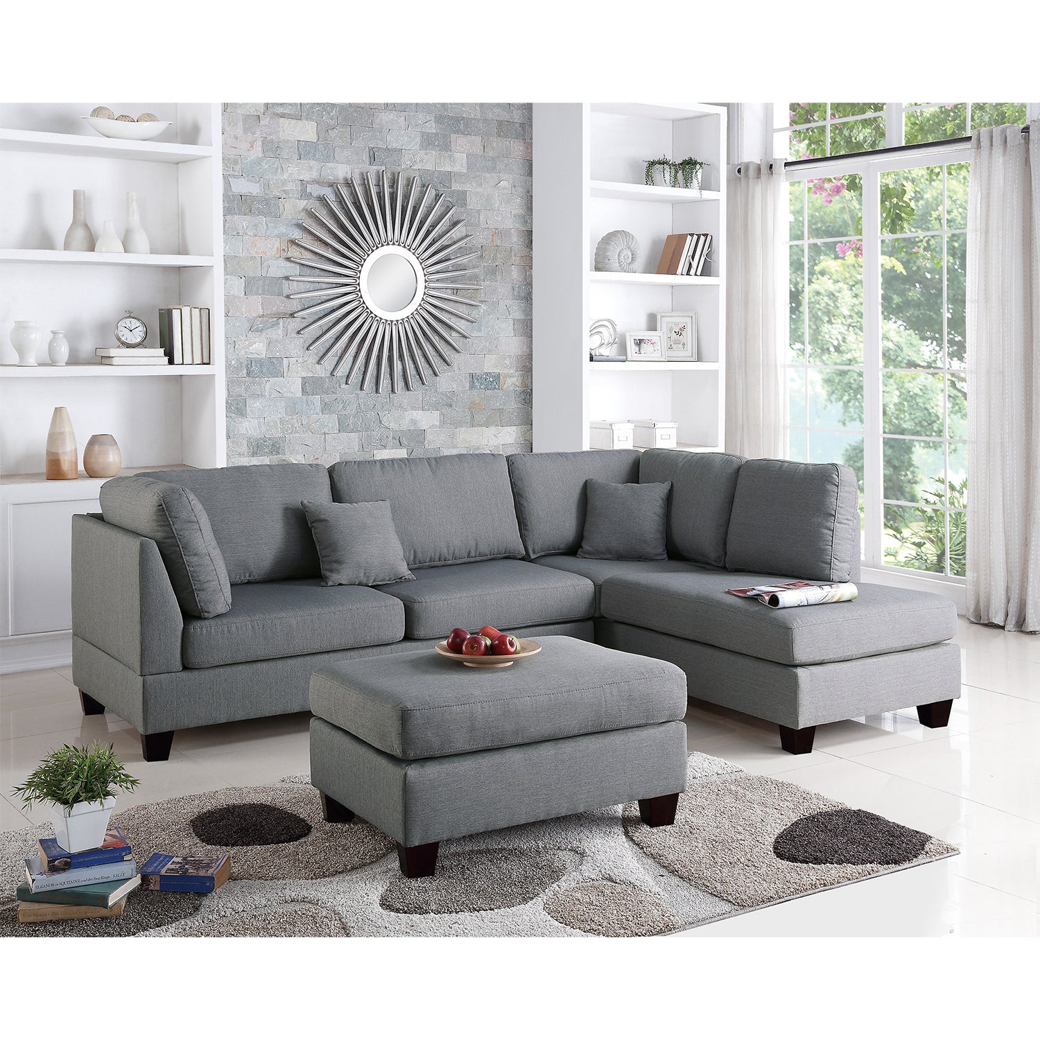 Polyfiber Reversible Sectional Sofa with Ottoman in Grey