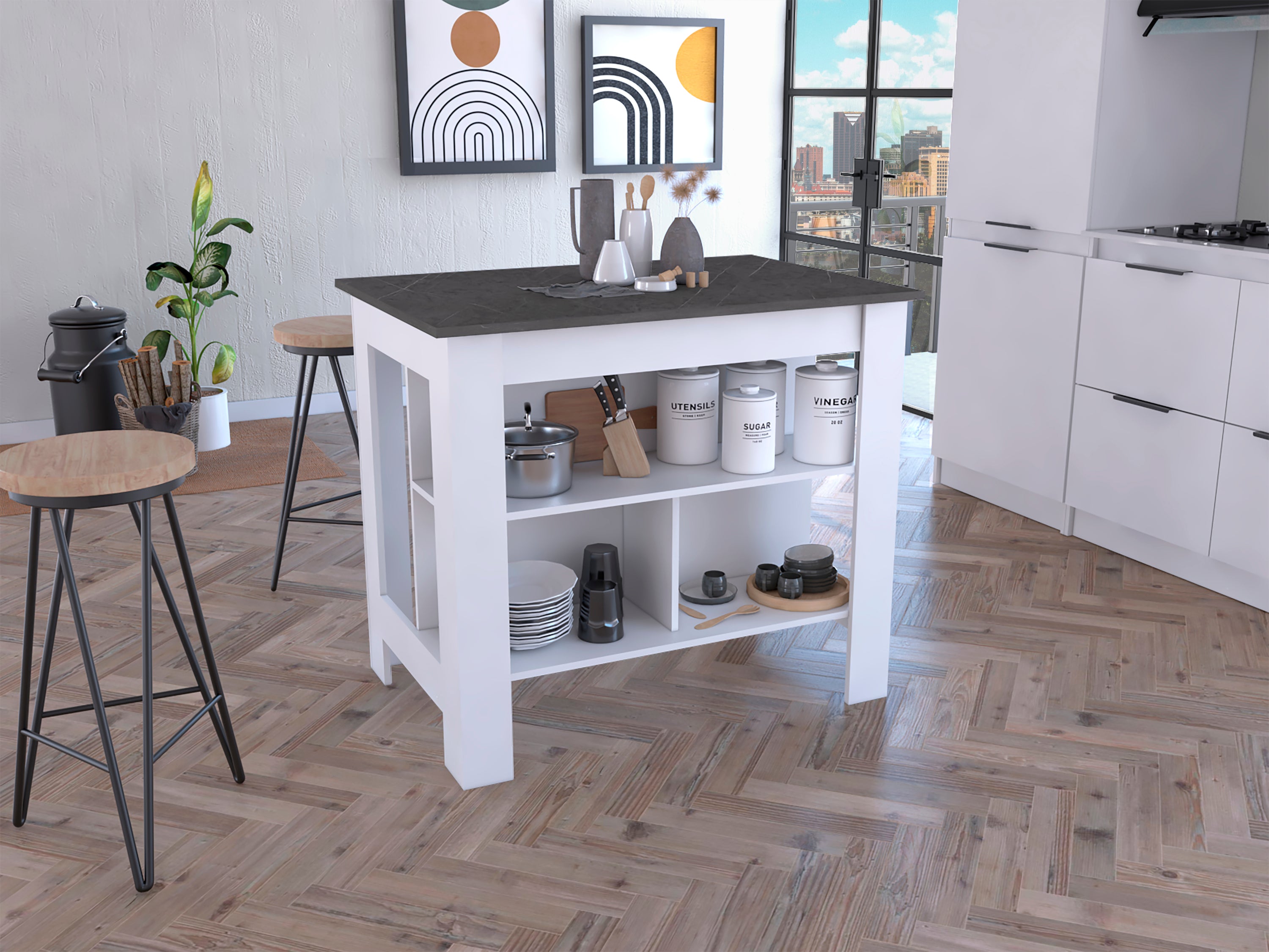 Cala Kitchen Island, Four Legs, Three Shelves  -White / Onyx