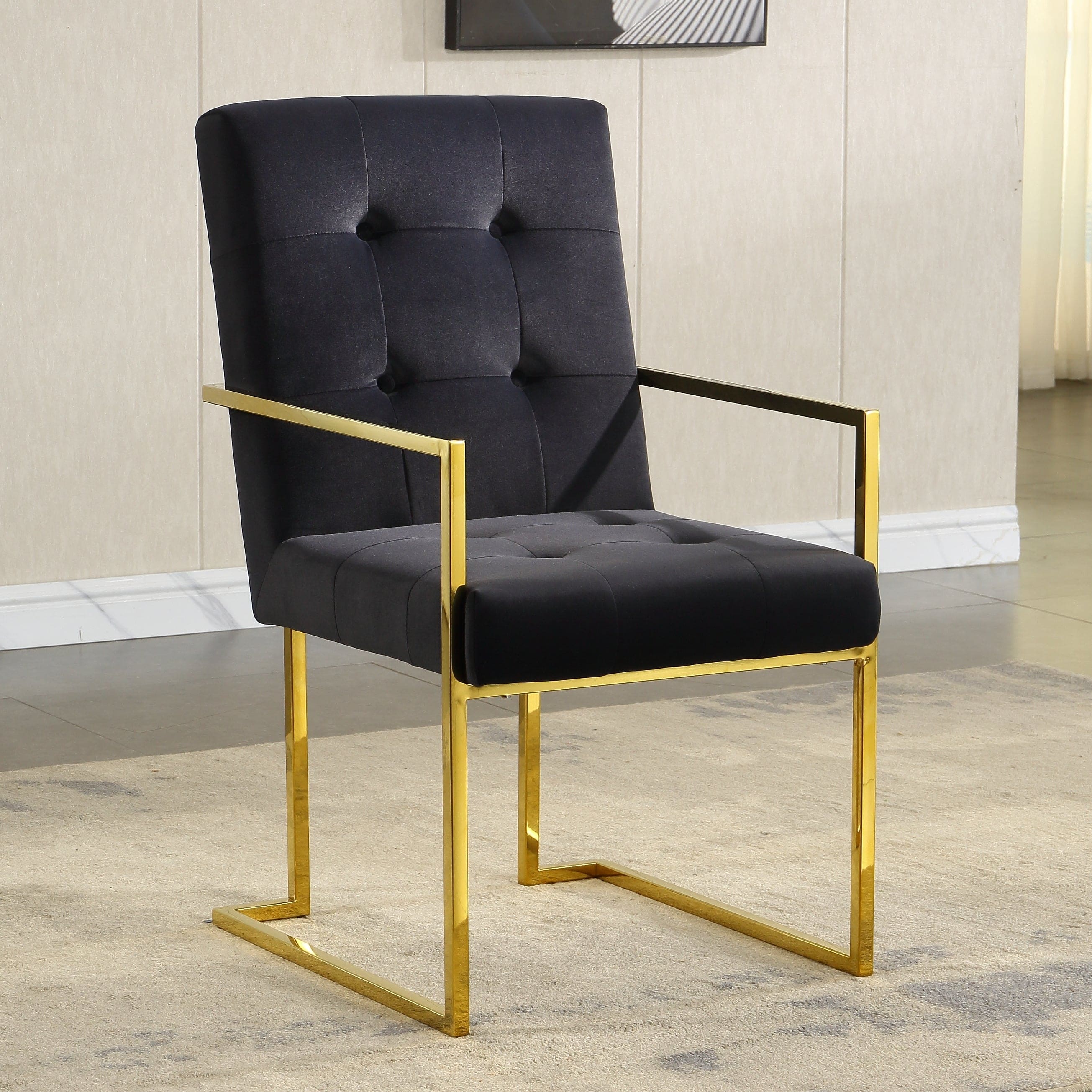 Modern Velvet Dining Arm Chair Set of 1, Tufted Design and Gold Finish Stainless Base