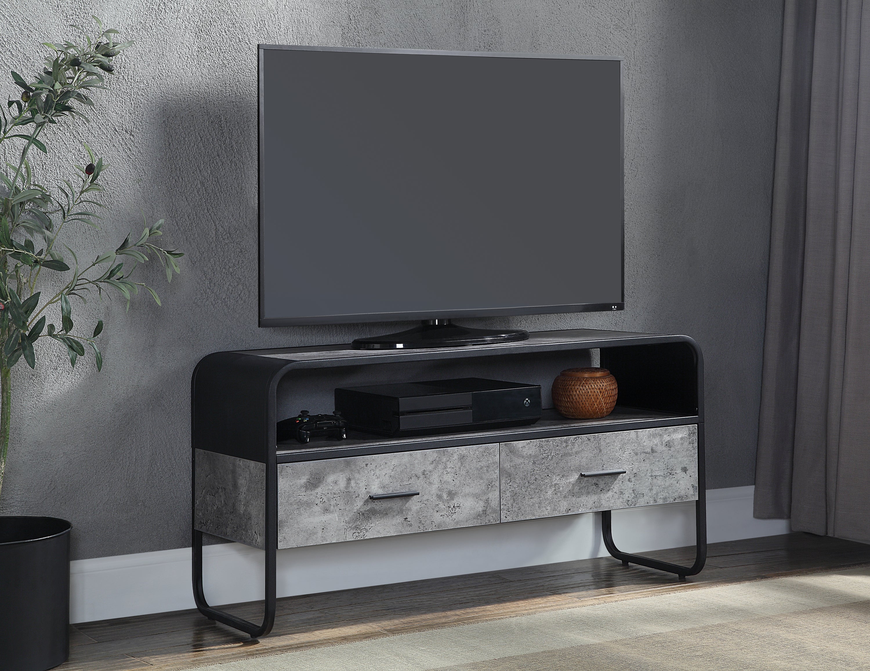 ACME Raziela TV Stand, Concrete Gray & Black Finish LV01143