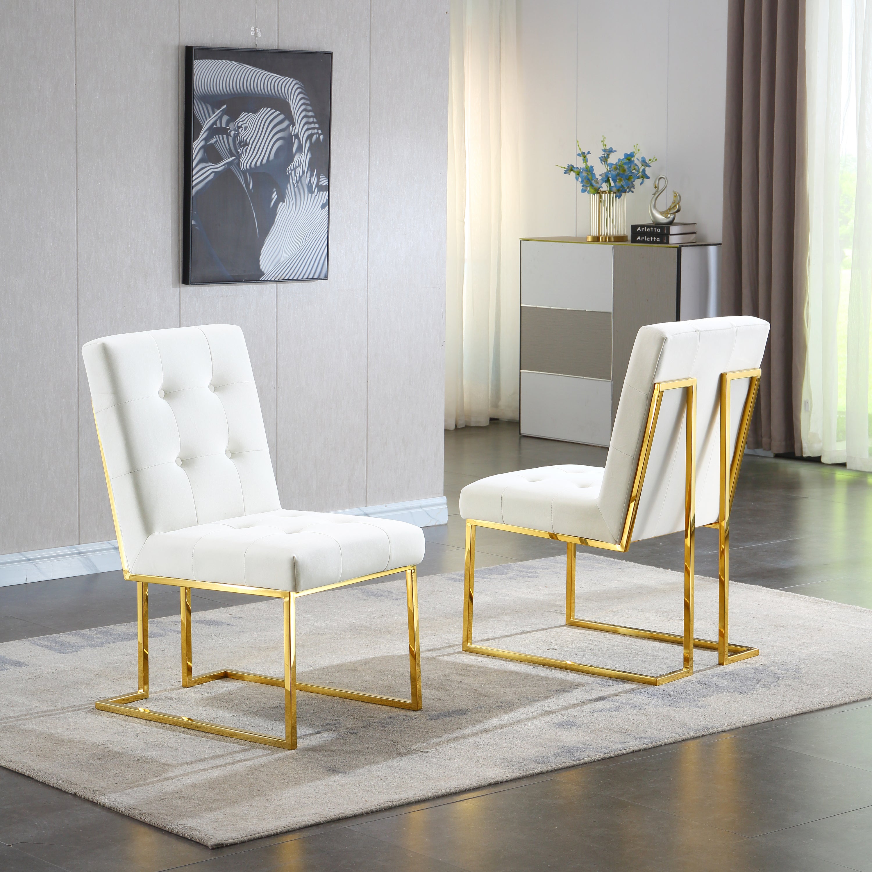 Modern Velvet Dining Chair Set of 2, Tufted Design and Gold Finish Stainless Base