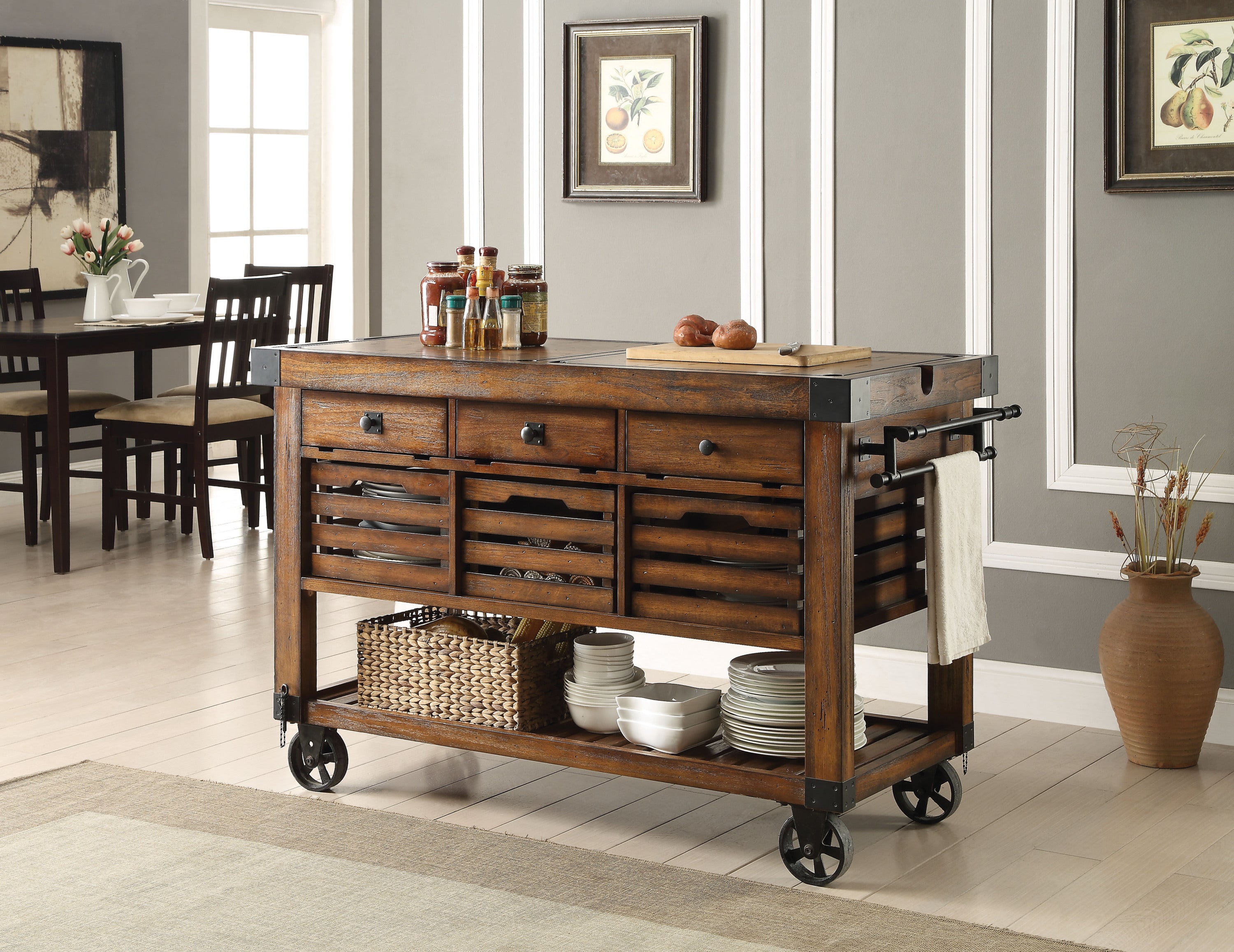 ACME Kaif Kitchen Cart, Distressed Chestnut 98184