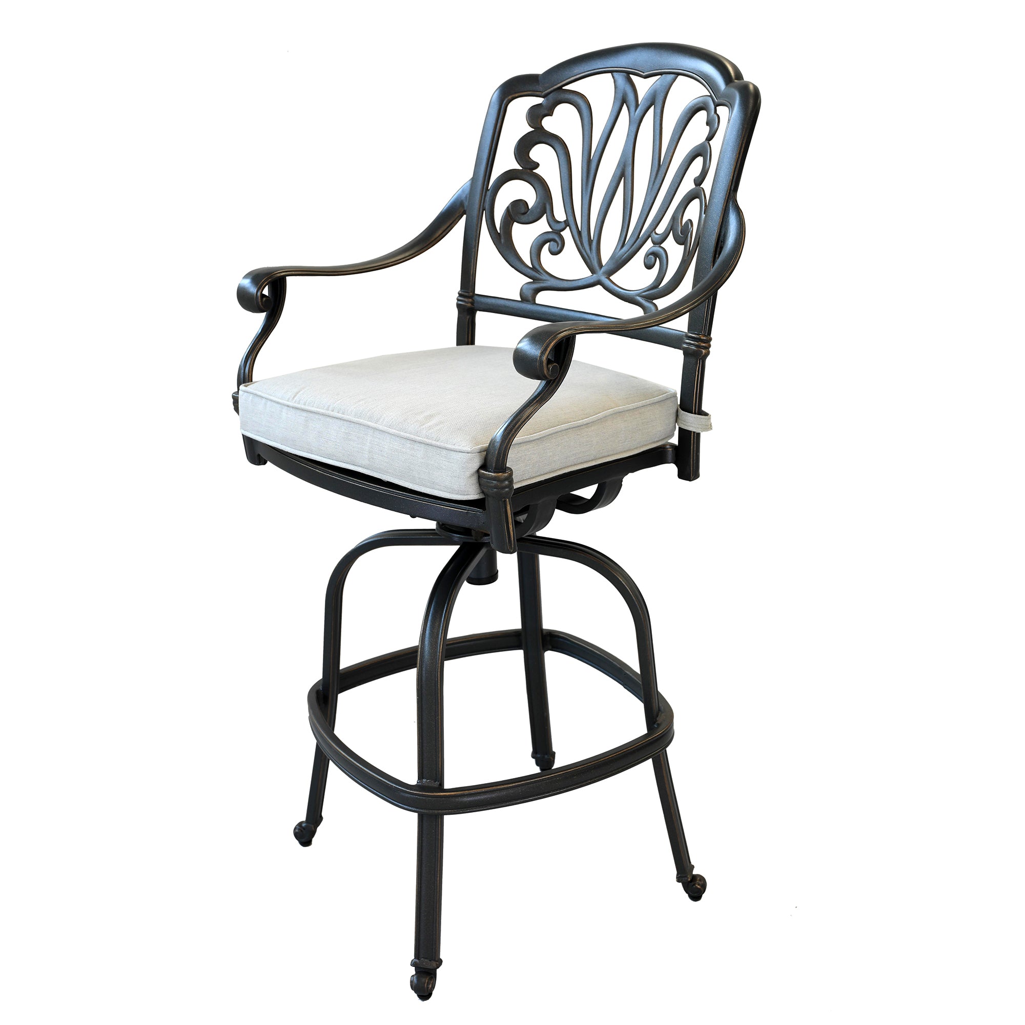 Patio Outdoor Aluminum Swivel Bar Stool with Cushion, Set of 2, Cast Silver