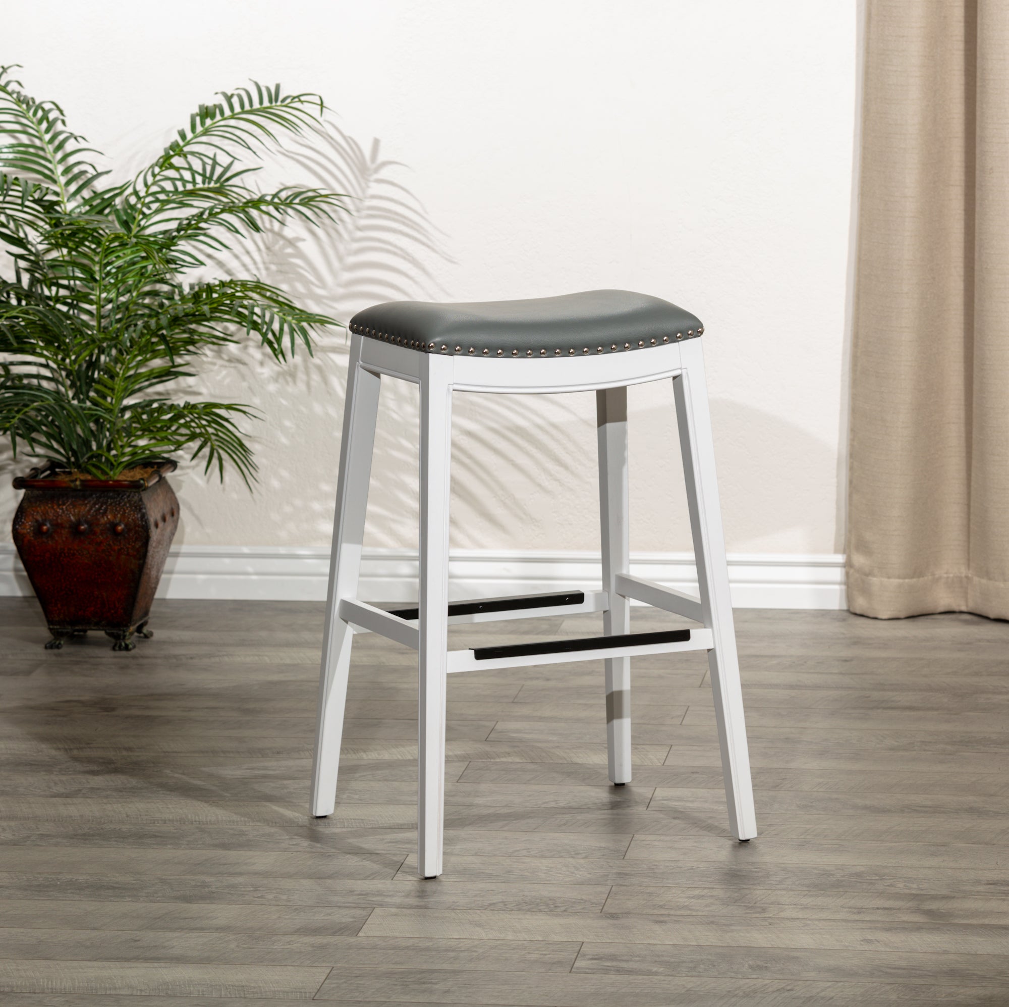 30" Bar Height Saddle Stool, White Finish, Gray Leather Seat