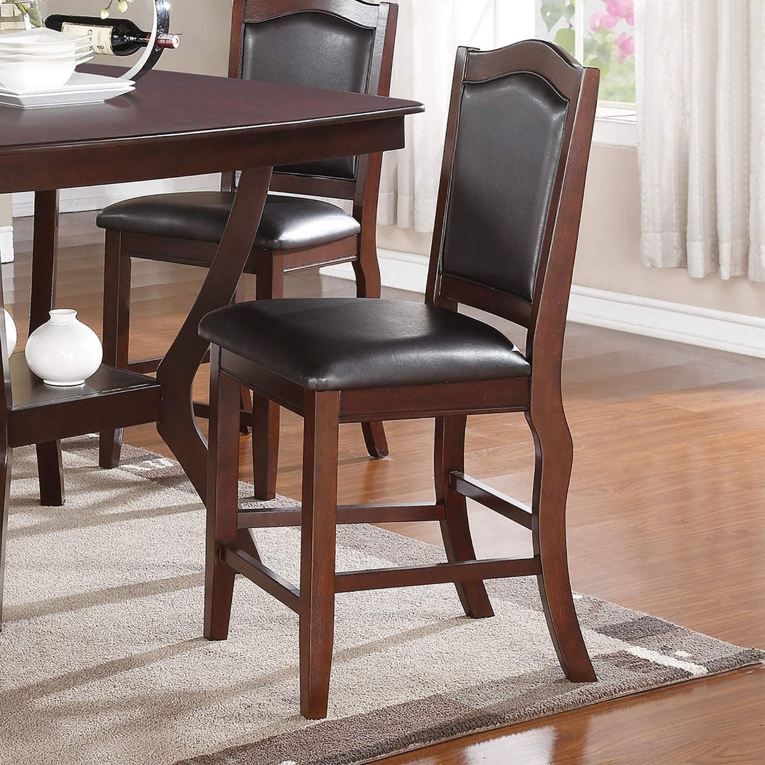 Dark Brown Wood Finish Set of 2 Counter Height Chairs Faux Leather Upholstery  Seat Back Kitchen Dining Room Chair