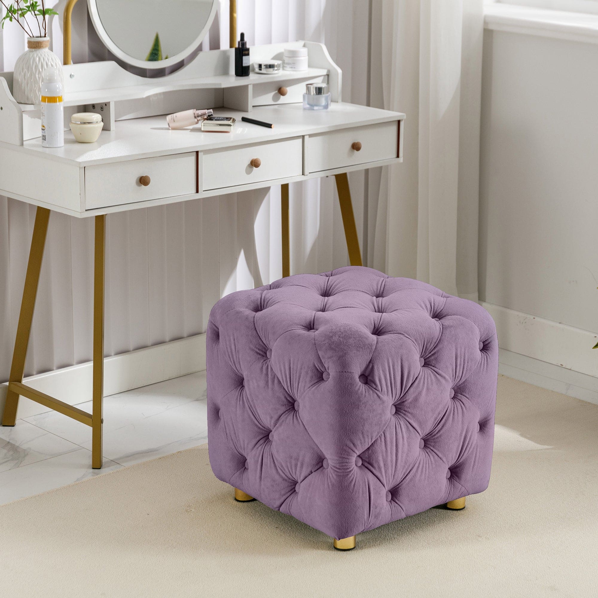 Purple Modern Velvet Upholstered Ottoman, Exquisite Small End Table, Soft Foot Stool,Dressing Makeup Chair, Comfortable Seat for Living Room, Bedroom, Entrance