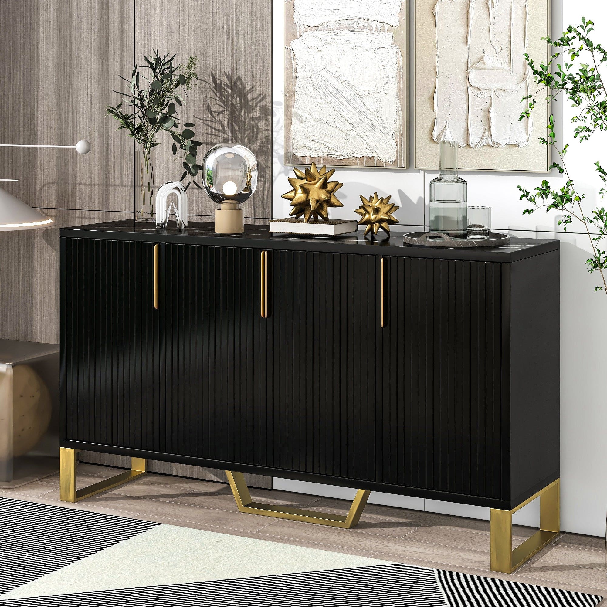 TREXM Modern sideboard with Four Doors, Metal handles & Legs and Adjustable Shelves Kitchen Cabinet (Black)