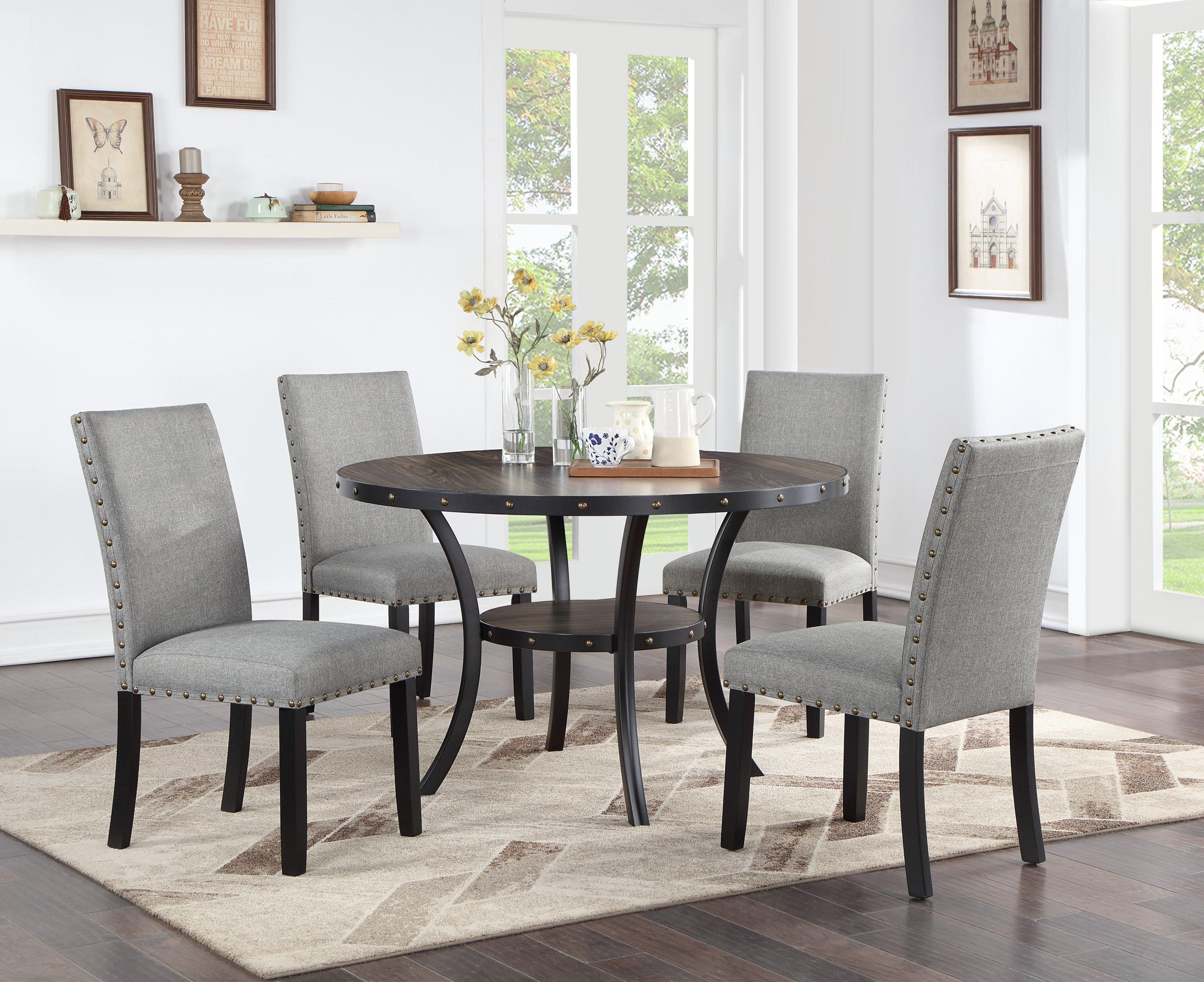 Modern Classic Dining Room Furniture Natural Wooden Round Dining Table 4x Side Chairs Gray Fabric Nail heads Trim and Storage Shelve 5pc Dining Set