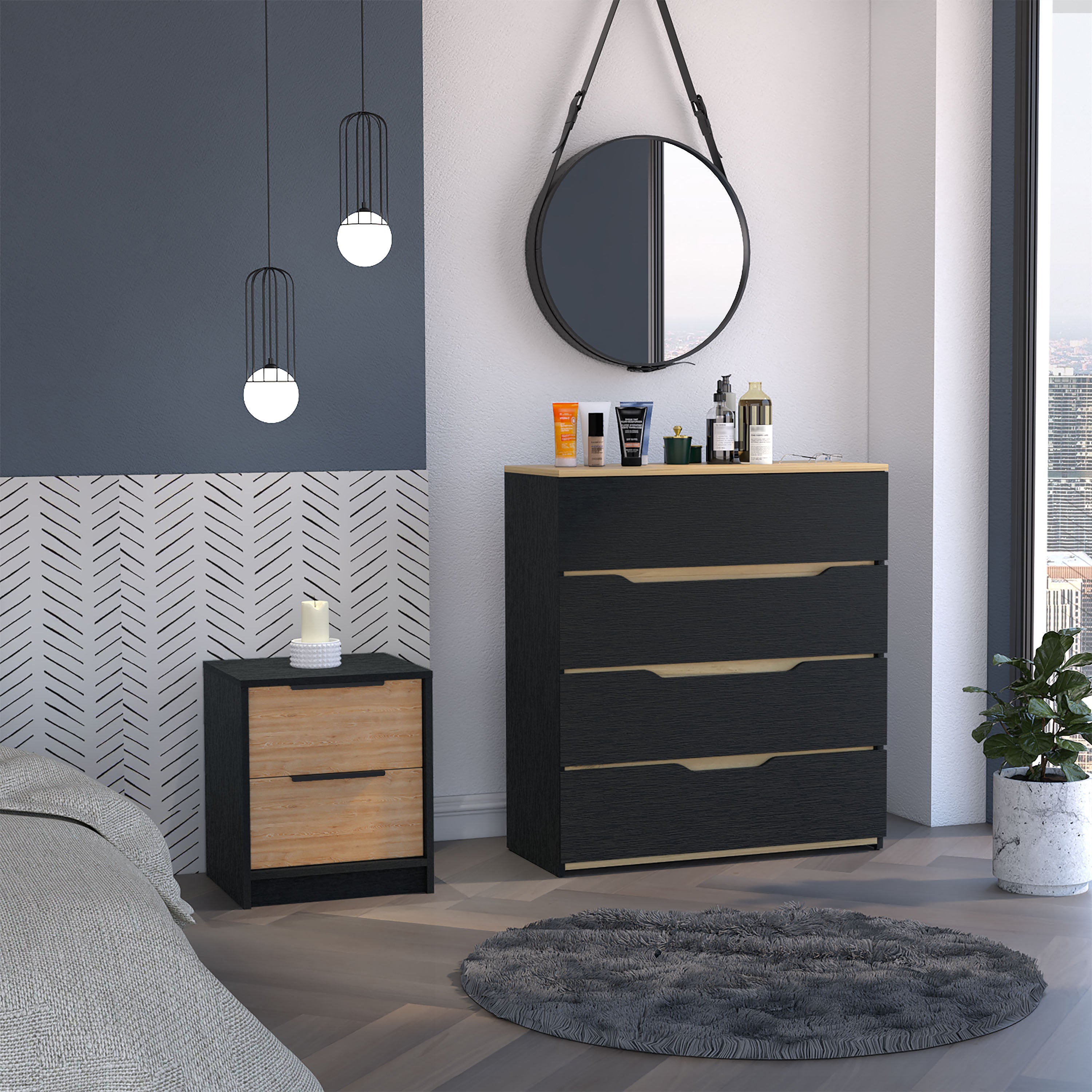 Medella 2-Piece Bedroom Set, Nightstand and Dresser, Black, Pine and Light Oak