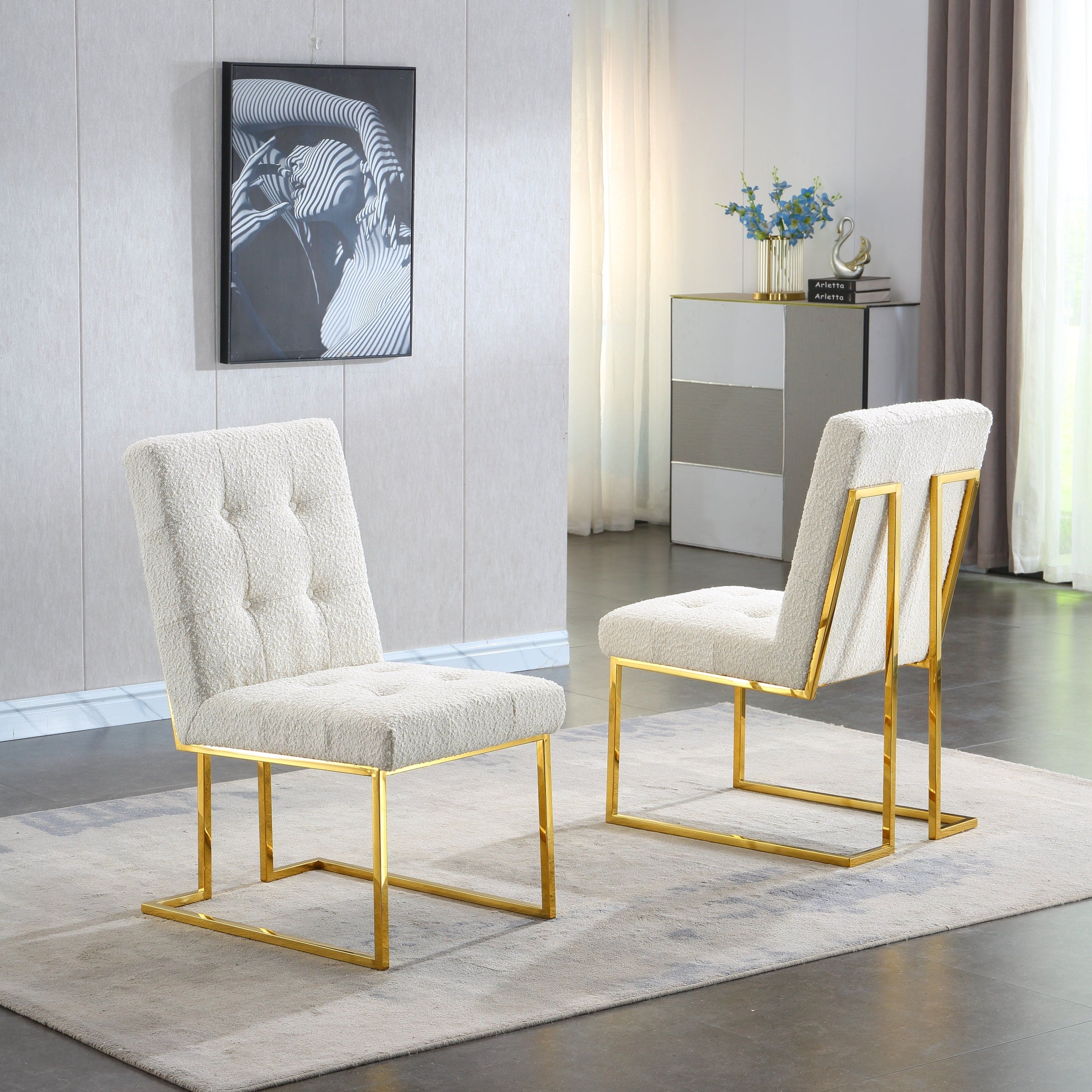 Modern Linen Dining Chair Set of 2, Tufted Design and Gold Finish Stainless Base