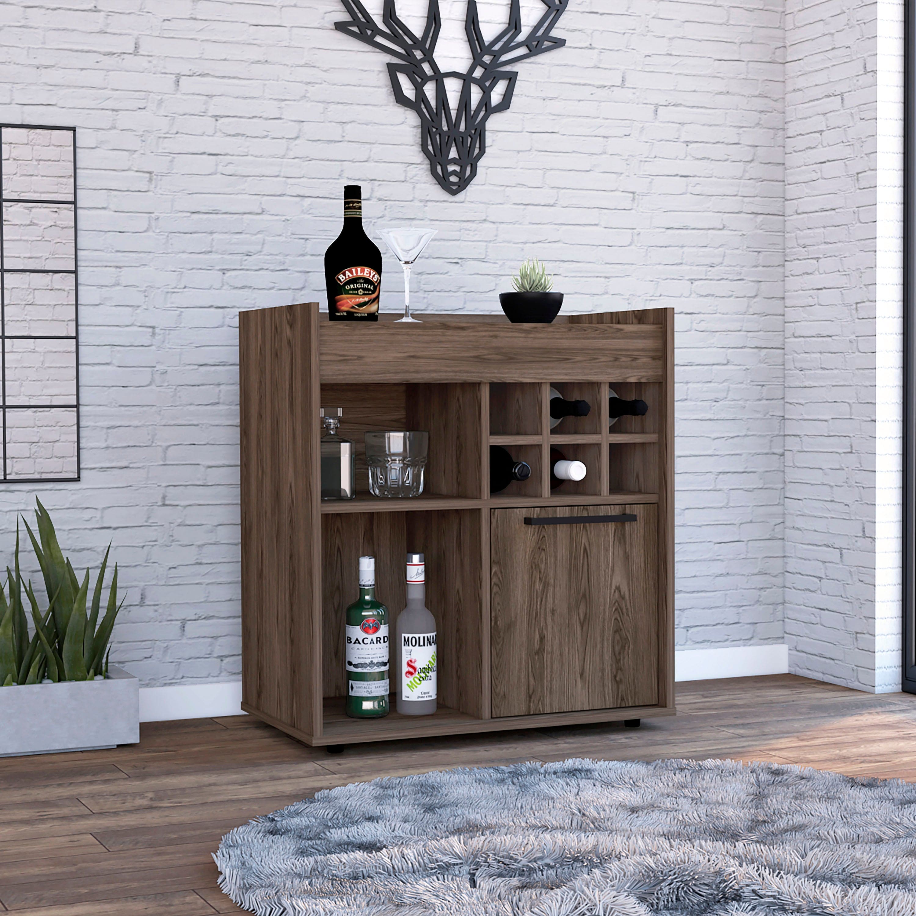 Bar Cabinet Dext, Two Concealed Shelves, Six Wine Cubbies, Dark Walnut Finish