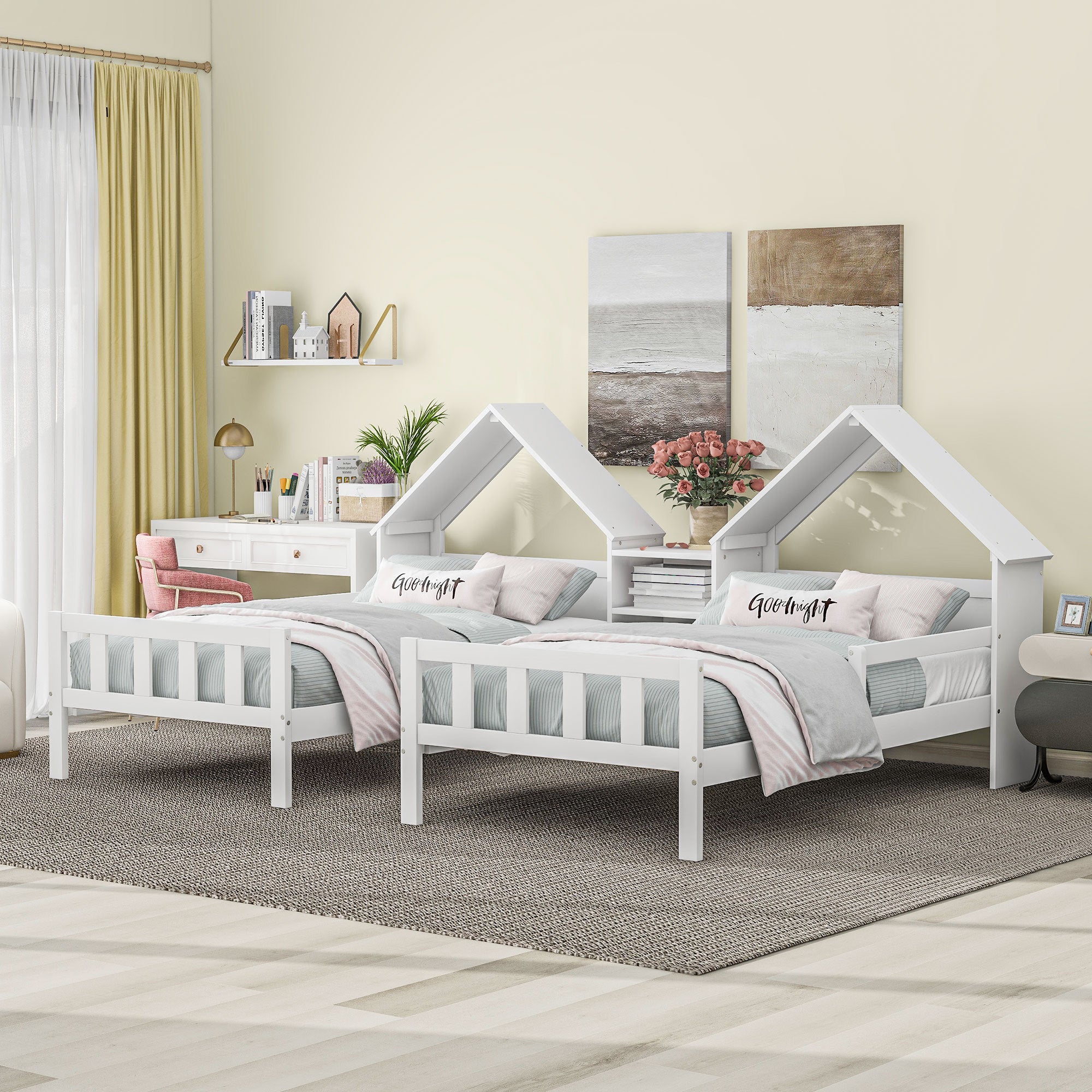 Double Twin Size Platform Bed with House-shaped Headboard and a Built-in Nightstand, White