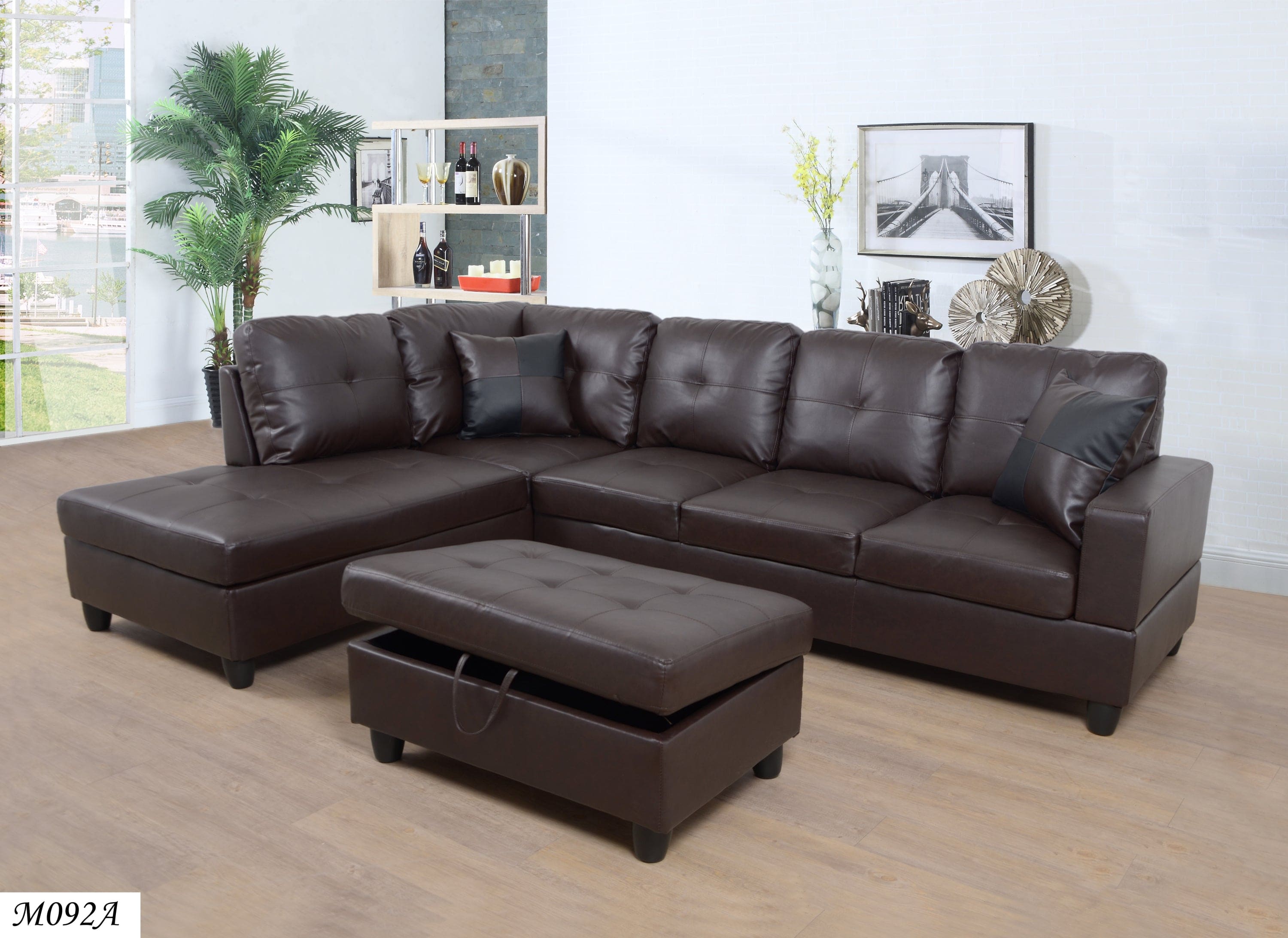 3 PC Sectional Sofa Set, (Brown) Faux Leather Right -Facing Chaise with Free Storage Ottoman