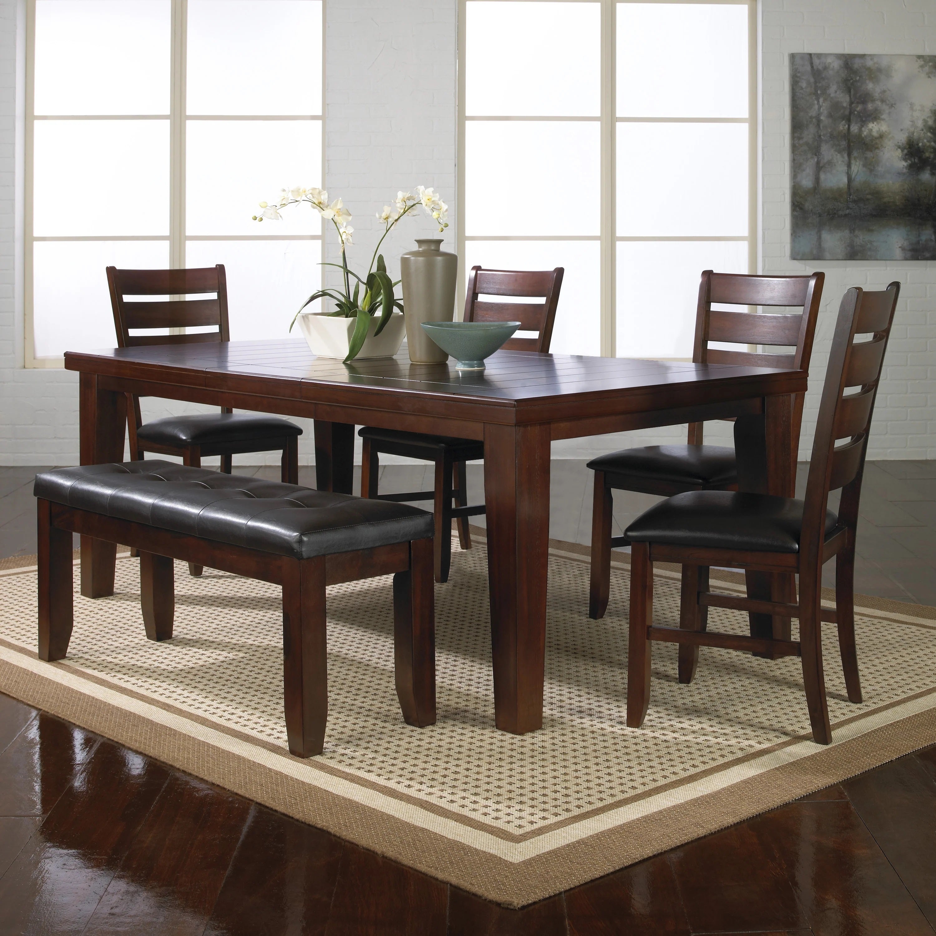 Contemporary 6pc Dining Set 18" Extendable Leaf Table Leather Look Polyurethane PU Fabric Upholstered Chair Bench Seats Brown Finish Wooden Solid Wood Dining Room Furniture