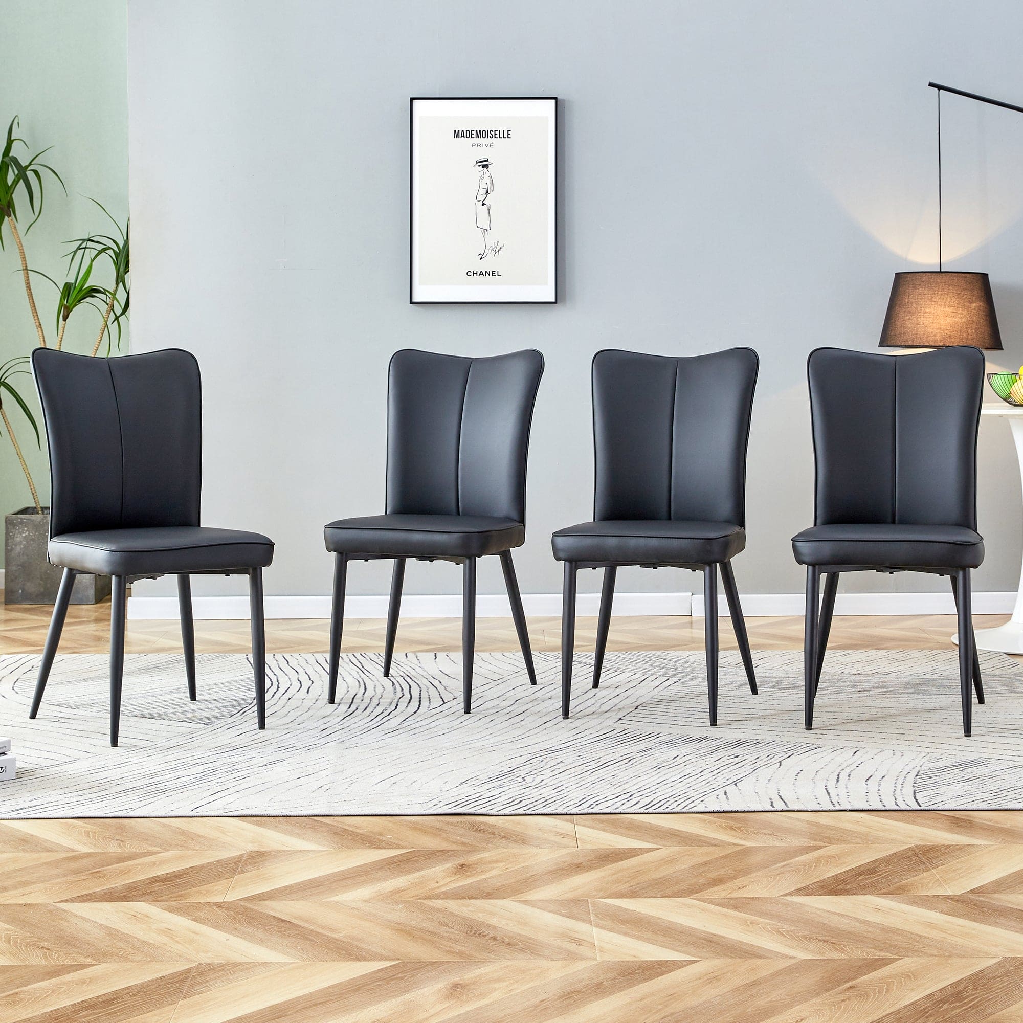 Modern minimalist dining chairs, black PU leather curved backrest and seat cushions, black metal chair legs, suitable for restaurants, bedrooms, and living rooms. A set of four chairs. 008