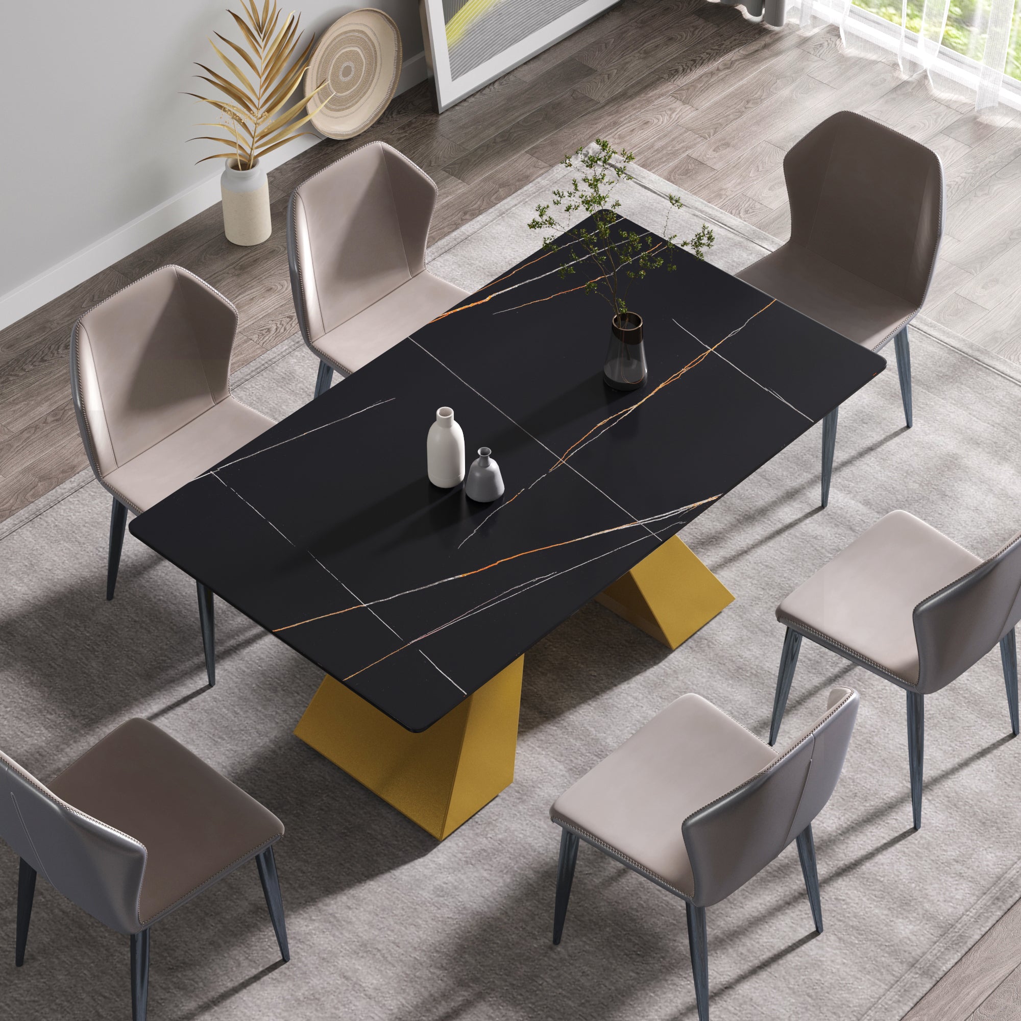 63"Modern artificial stone black straight edge golden metal leg dining table -6 people