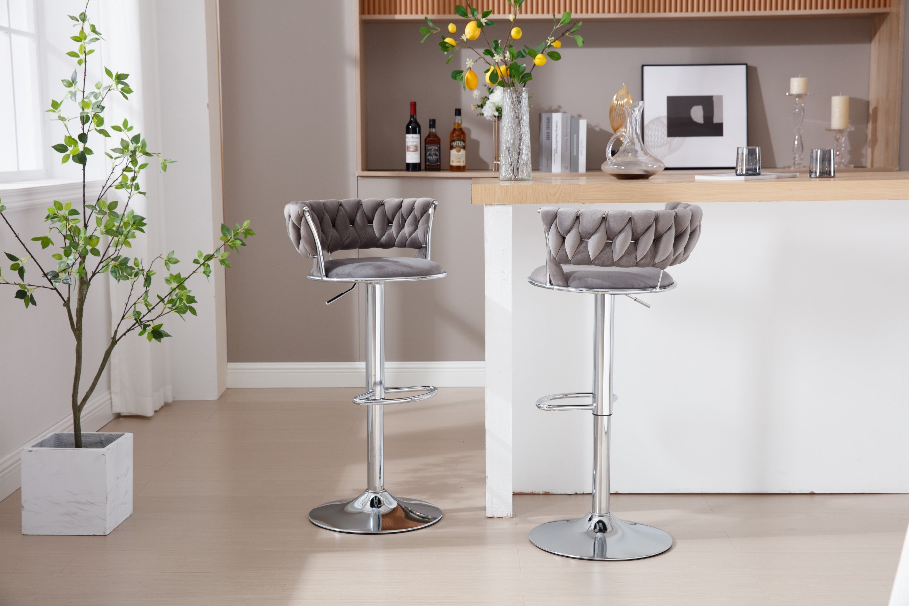 Set of 2  Bar Stools,with Chrome Footrest and Base Swivel Height Adjustable Mechanical Lifting Velvet +  Bar Stool-GREY