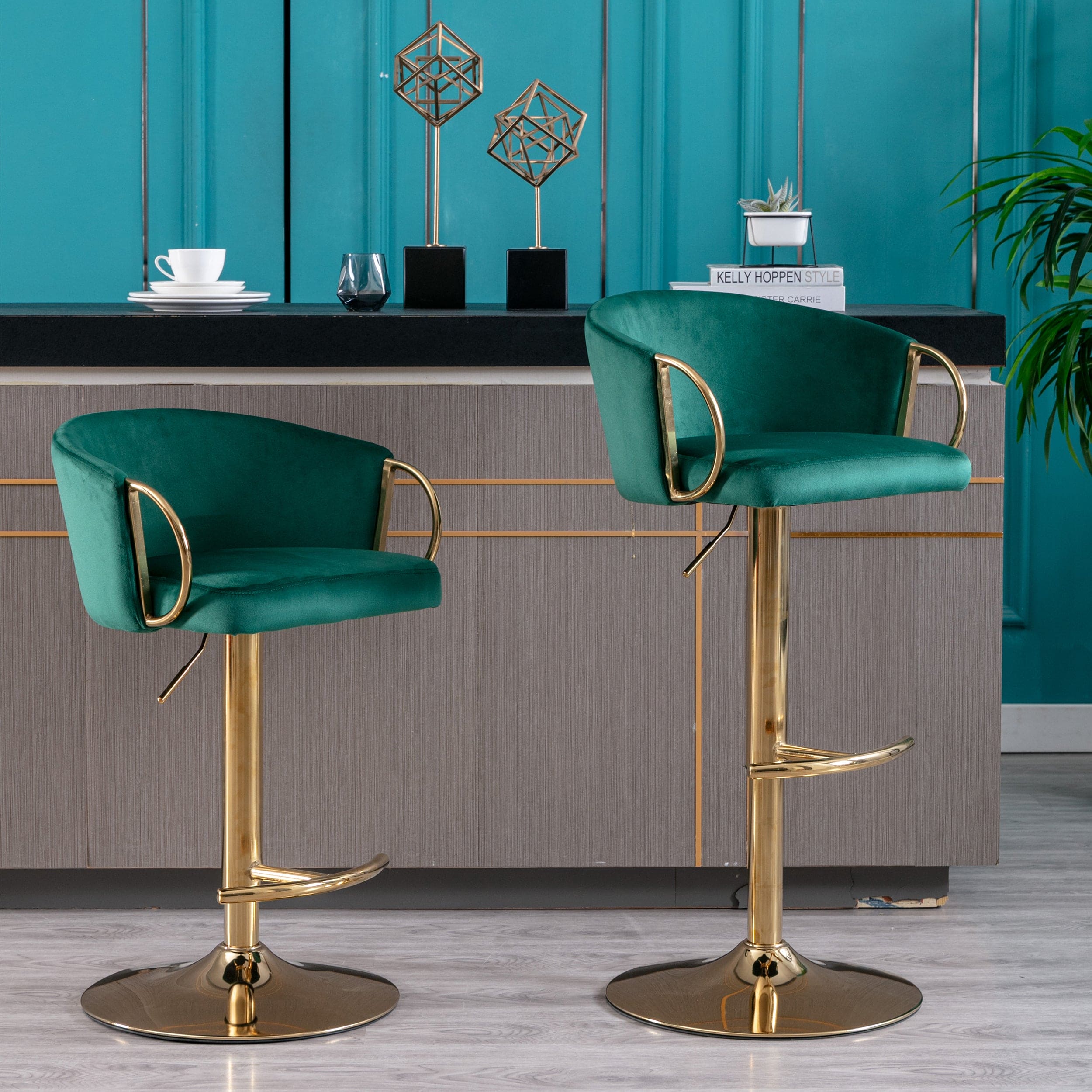 Set of 2  Bar Stools,with Chrome Footrest and Base Swivel Height Adjustable Mechanical Lifting Velvet + Golden Leg Simple Bar Stool-Green