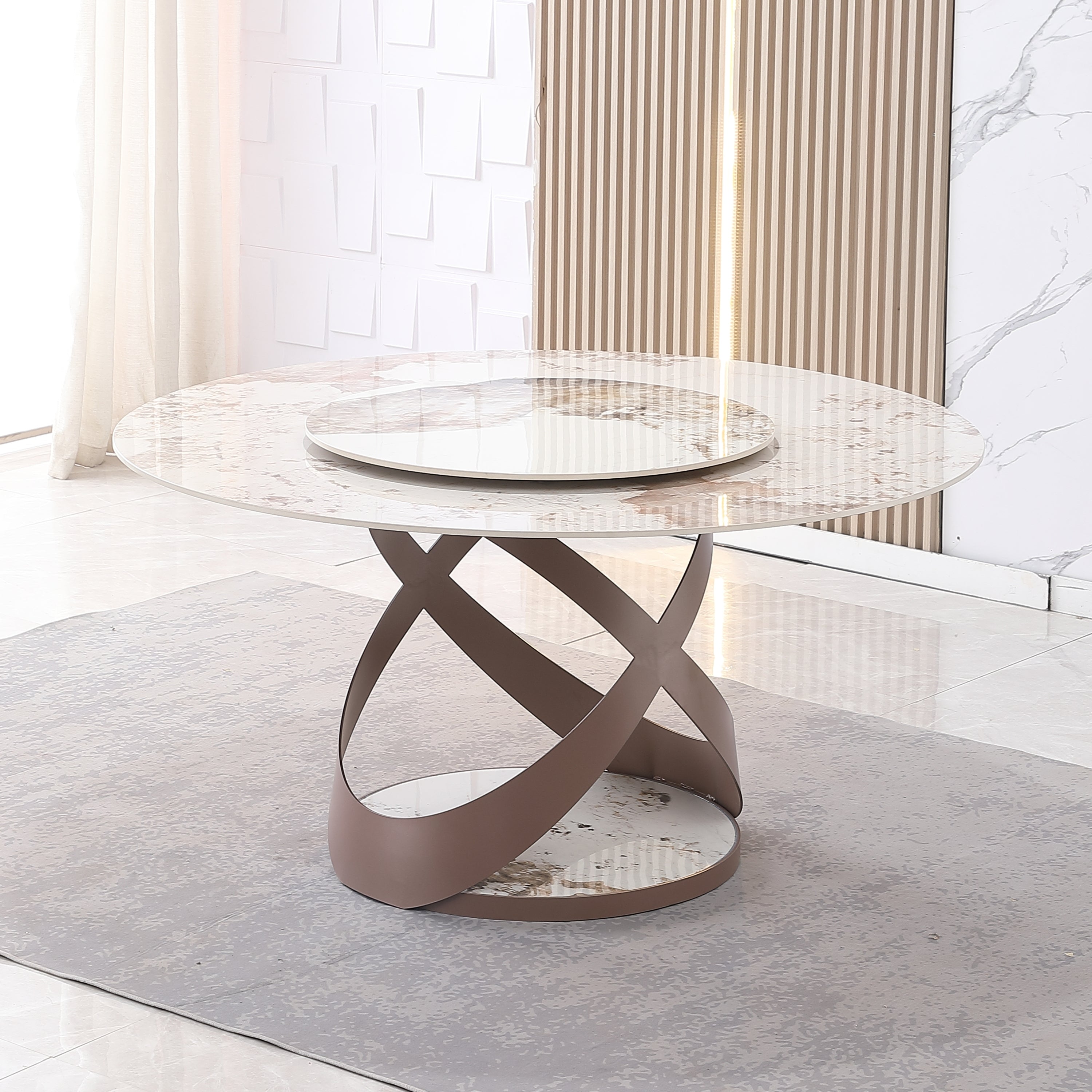 59.05"Modern Sintered stone dining table with 31.5" round turntable  and metal exquisite pedestal