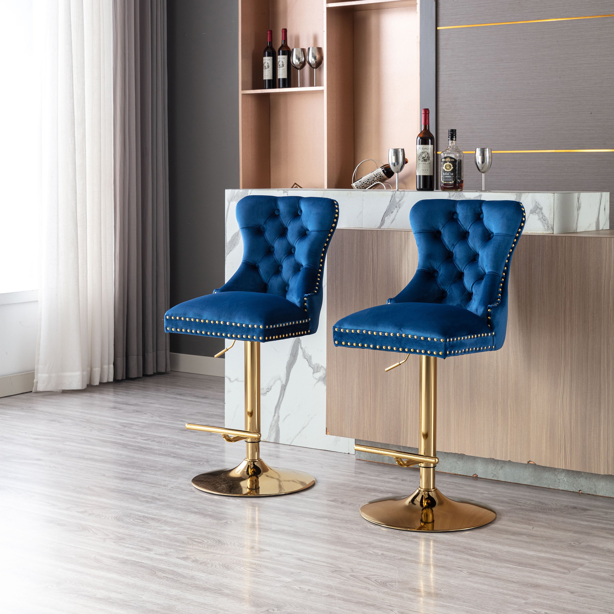 Swivel Bar Stools Chair Set of 2 Modern Adjustable Counter Height Bar Stools, Velvet Upholstered Stool with Tufted High Back & Ring Pull for Kitchen , Chrome Golden Base, Blue