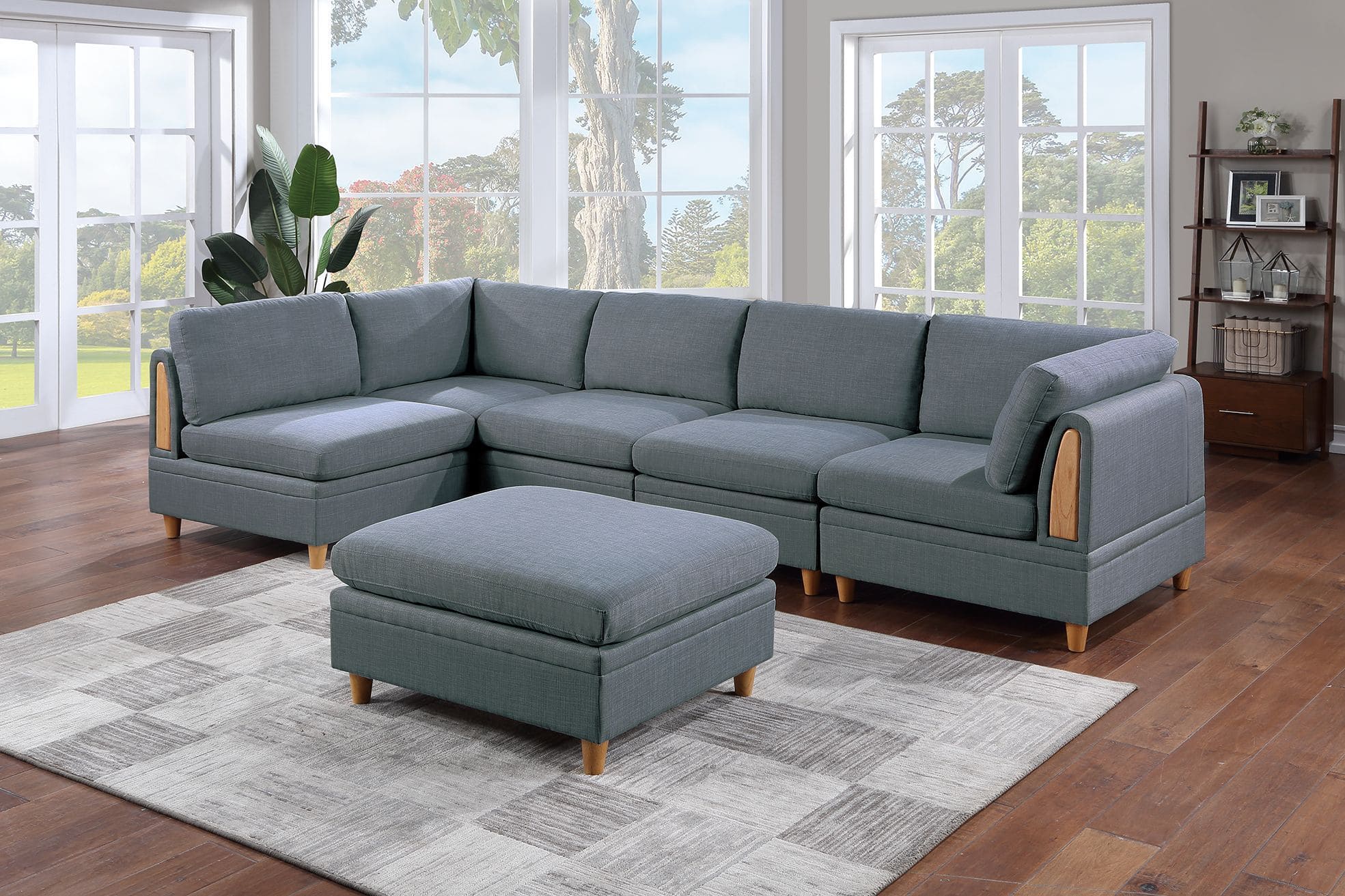 Contemporary Living Room Furniture 6pc Modular Corner Sectional Set Steel Dorris Fabric Couch 2x Wedges 3x Armless Chair And 1x Ottoman