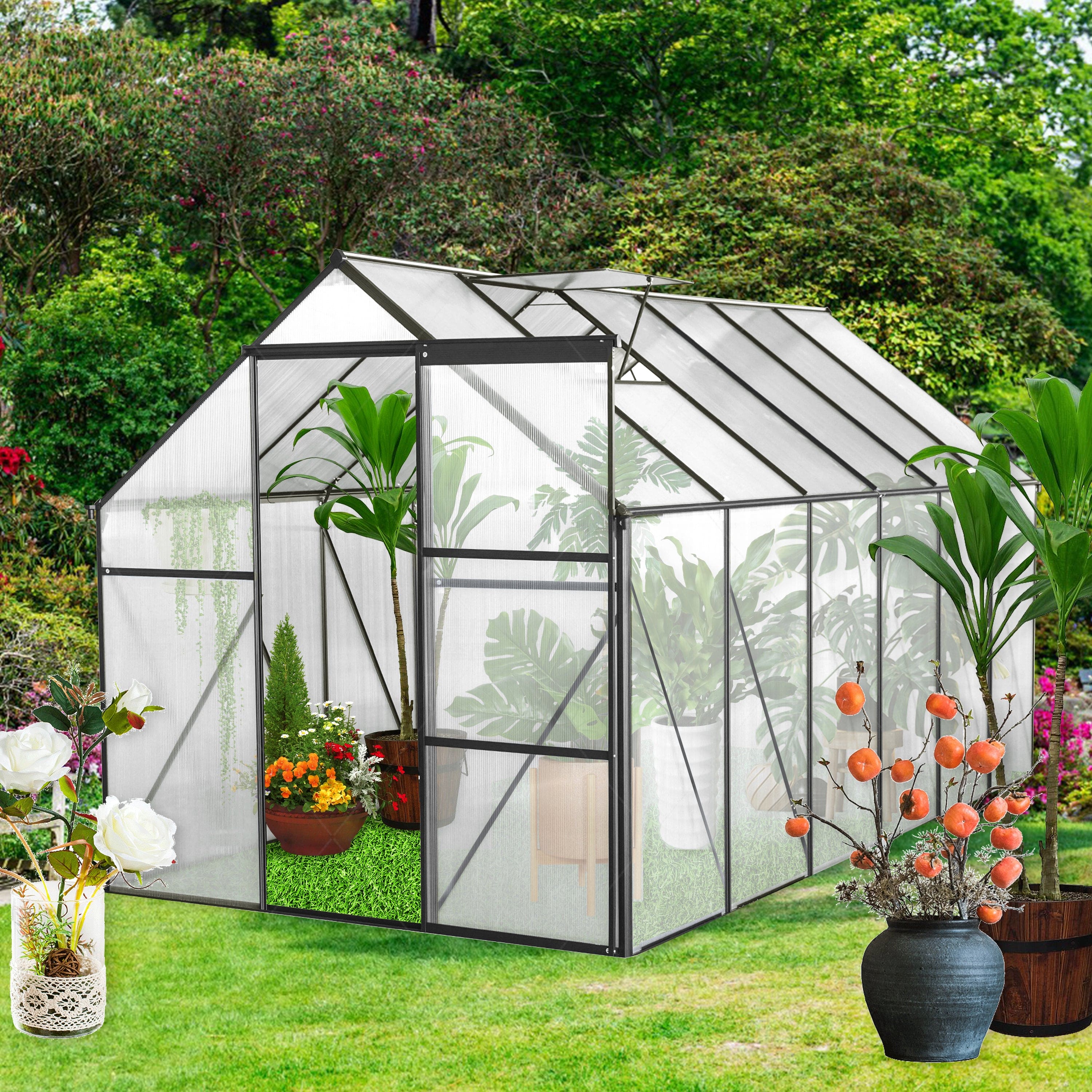 6x12 FT Polycarbonate Greenhouse Raised Base and Anchor Aluminum Heavy Duty Walk-in Greenhouses for Outdoor Backyard in All Season,Black