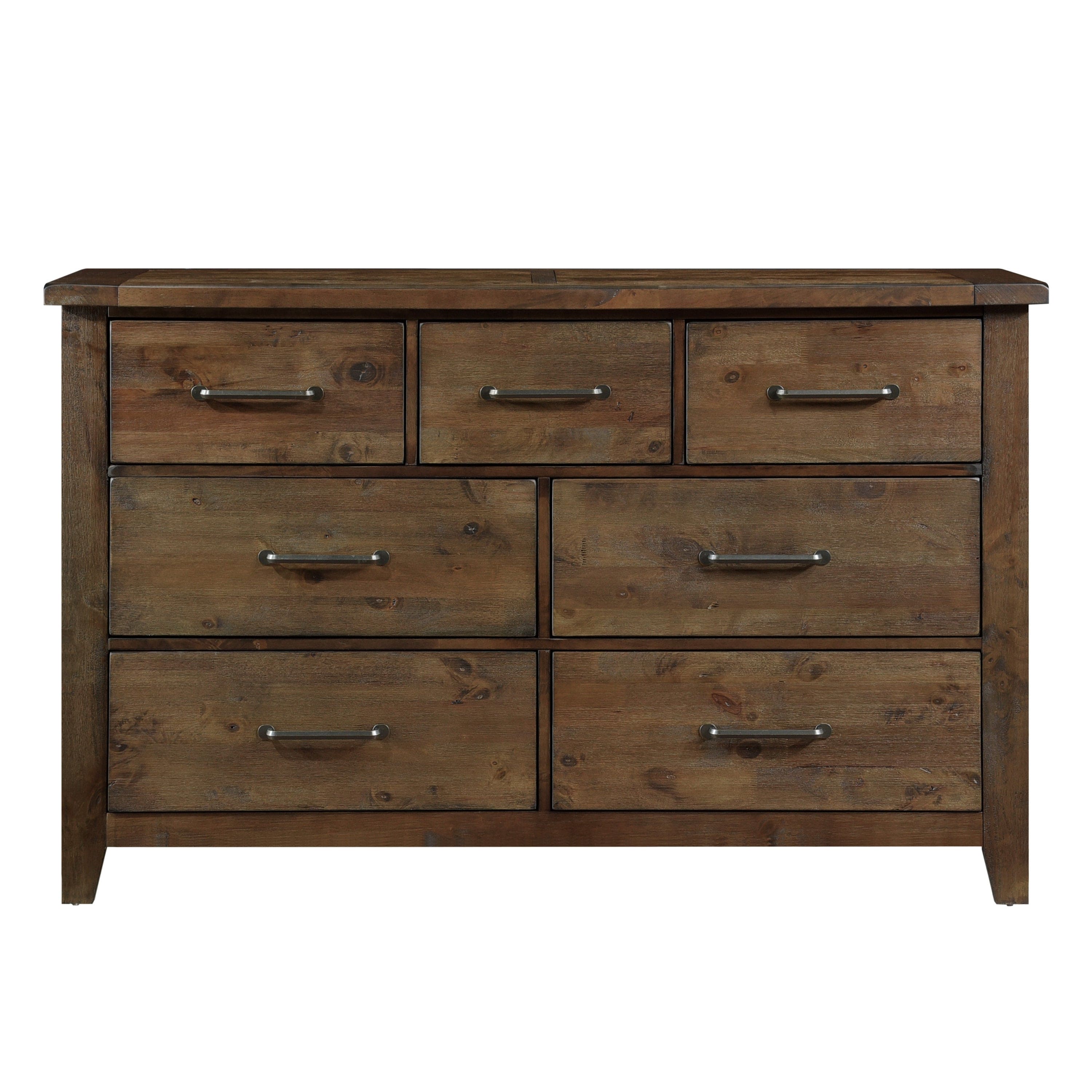 Classic Burnished Brown Dresser 1pc Solid Rubberwood 7 Drawers Transitional Design Bedroom Furniture Rustic Look