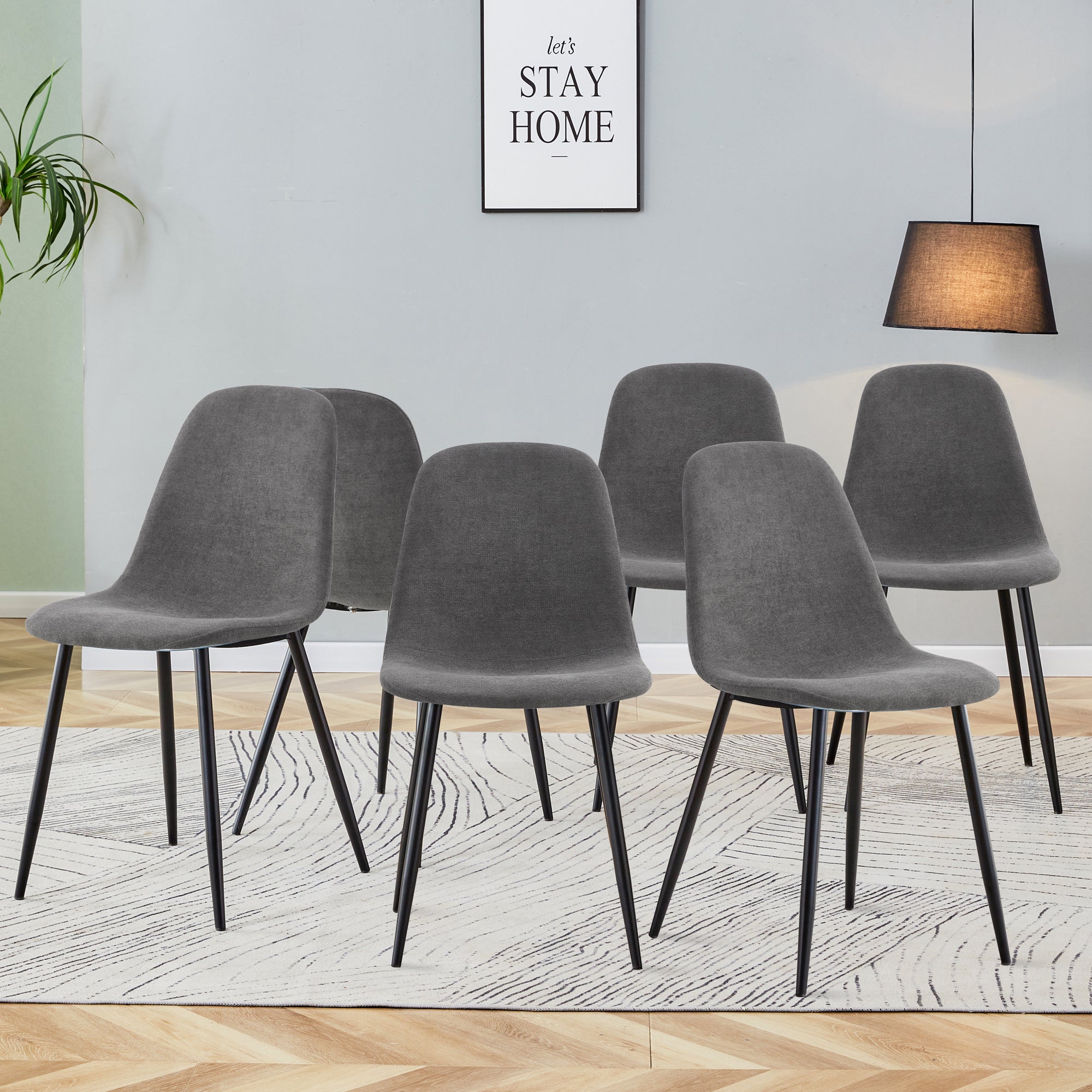 A set of 6 modern medieval style restaurant cushioned side chairs with soft linen fabric cushions and black metal legs, suitable for kitchen, lounge, and farmhouses.B0501A