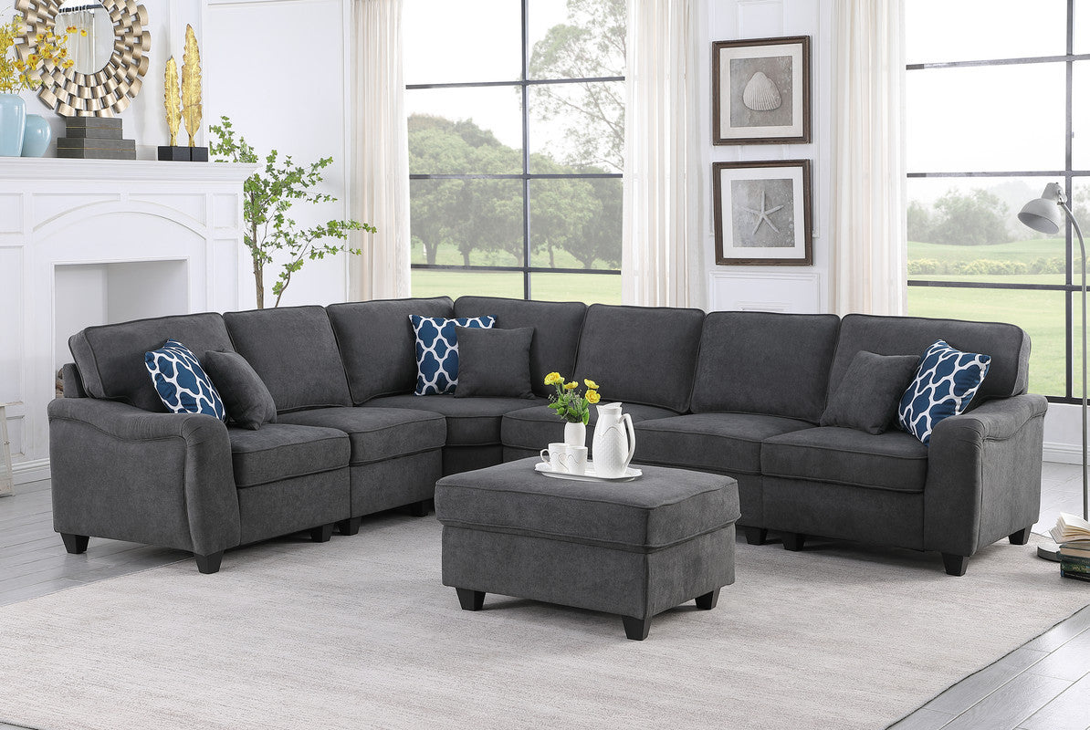 Leo Dark Gray Woven 7Pc Modular L-Shape Sectional Sofa and Ottoman