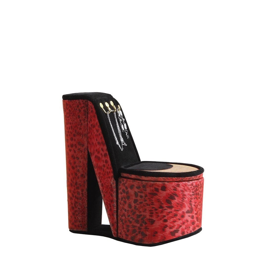 9" Tall Display Jewelry Box with Hooks, High Heel Shoe Design, Leopard Print