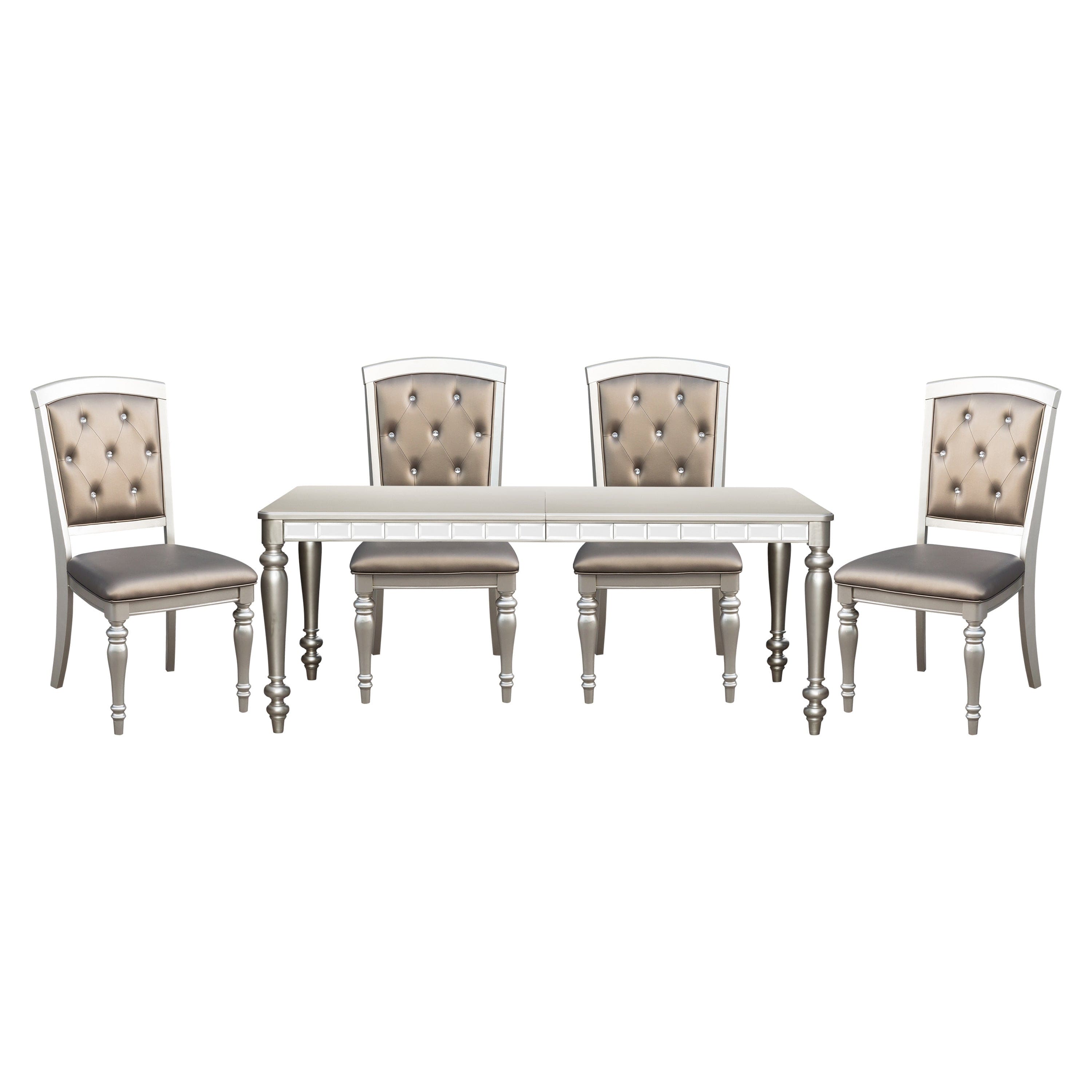 Glamorous Silver Finish Dining Set 5pc Dining Table 4x Side Chairs Crystal Button Tufted Upholstered Modern Style Furniture