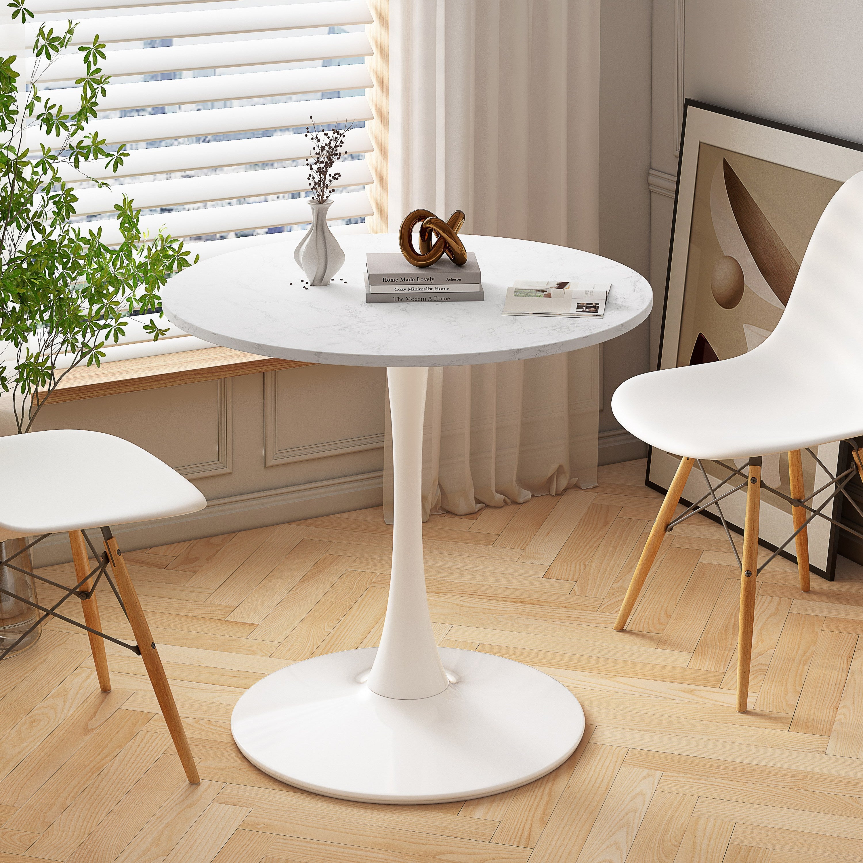 32"Modern Round Dining Table with Printed White Marble Table Top,Metal Base Dining Table, End Table Leisure Coffee Table