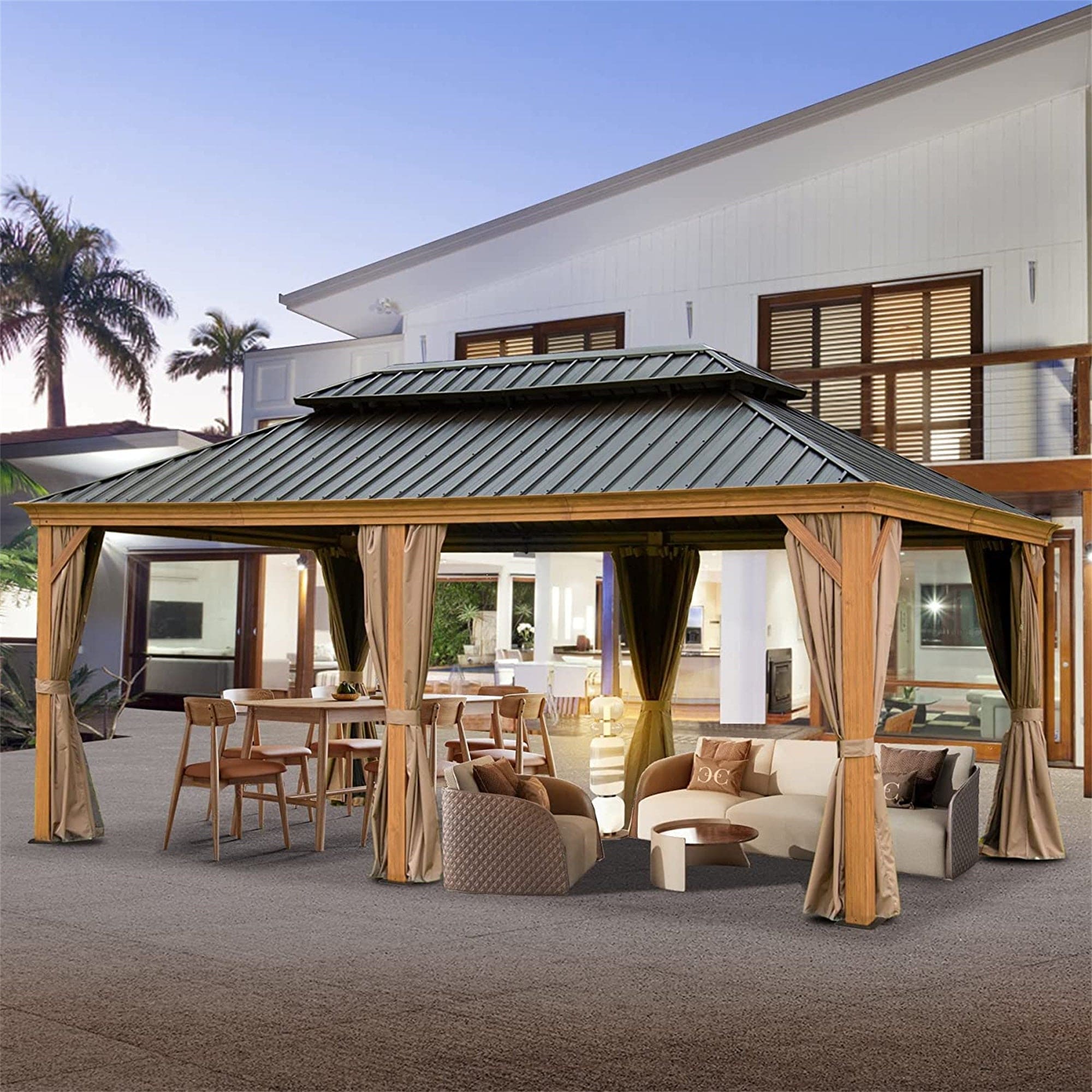 12'x20' Hardtop Gazebo Outdoor Aluminum Wood Grain Gazebos with Galvanized Steel Double Canopy for Patios Deck Backyard,Curtains&Netting (Wood-Looking)