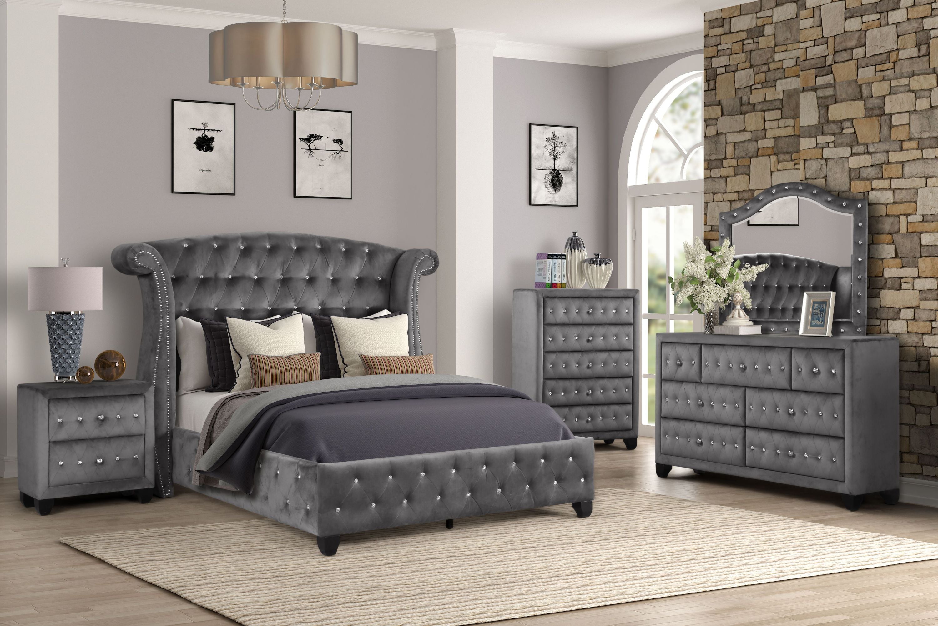 Sophia Full 4 Pc Bedroom Set In Color Gray Made With  Wood