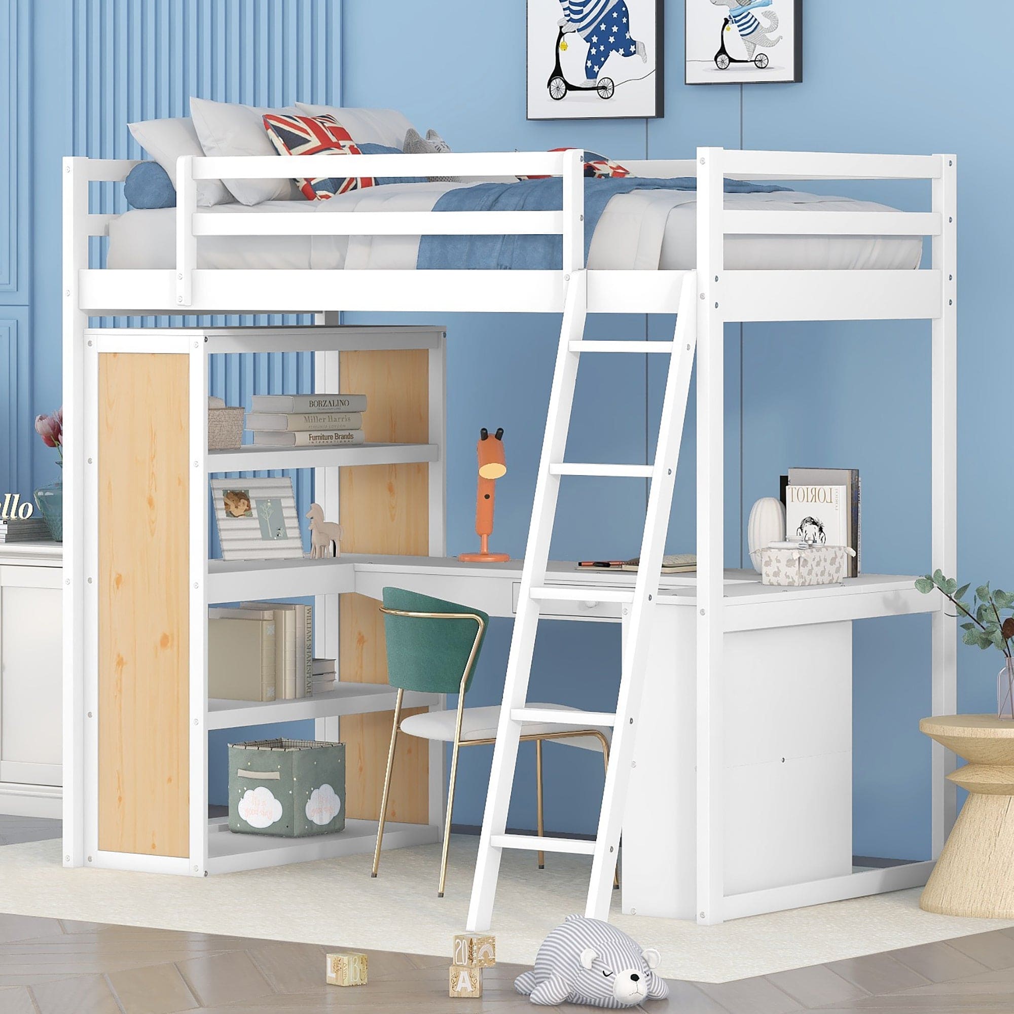 Twin Size Loft Bed with Ladder, Shelves, and Desk, White(OLD SKU:LT100225AAK)