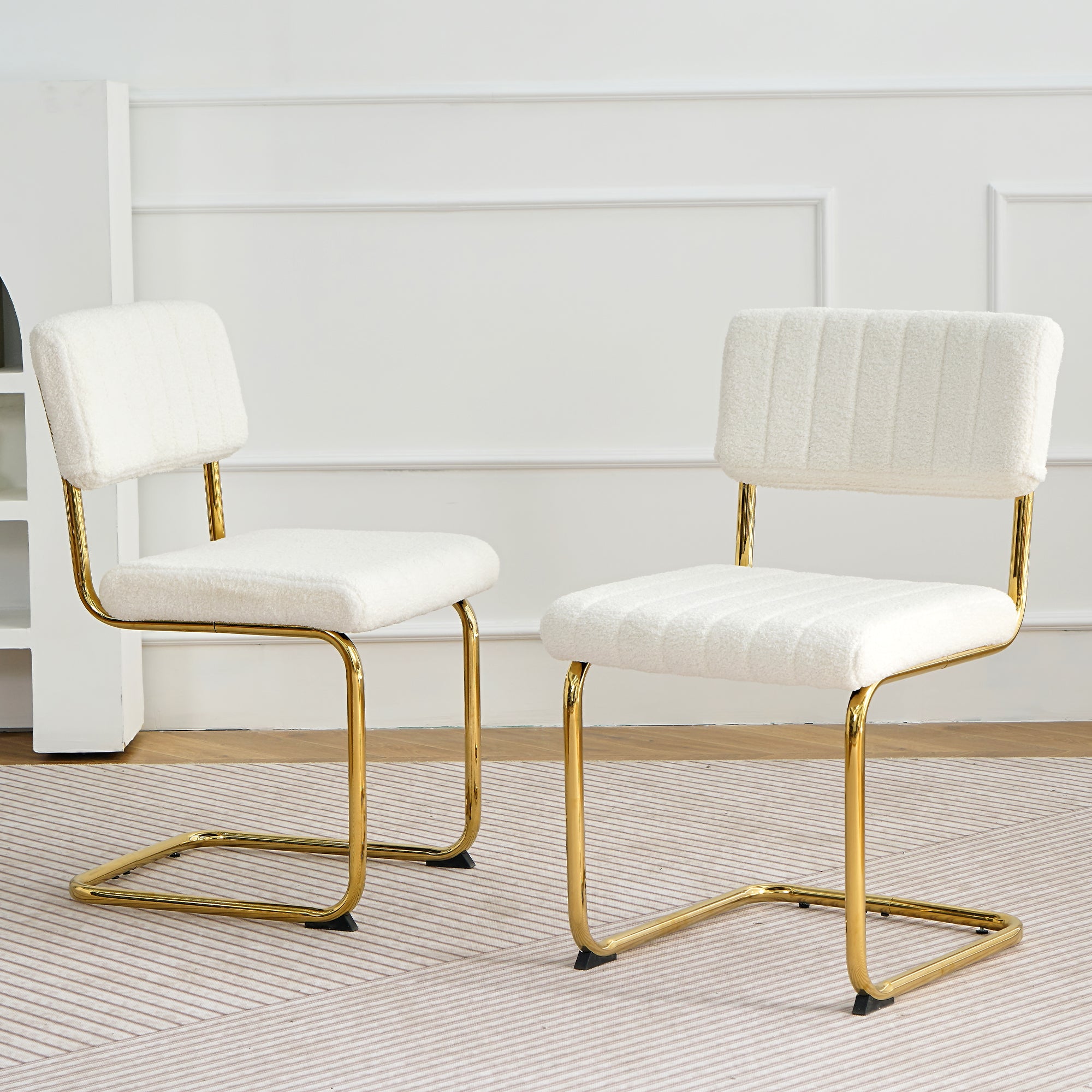 Modern simple light luxury dining White chair home bedroom stool back dressing chair student desk chair gold metal legs(set of 2)