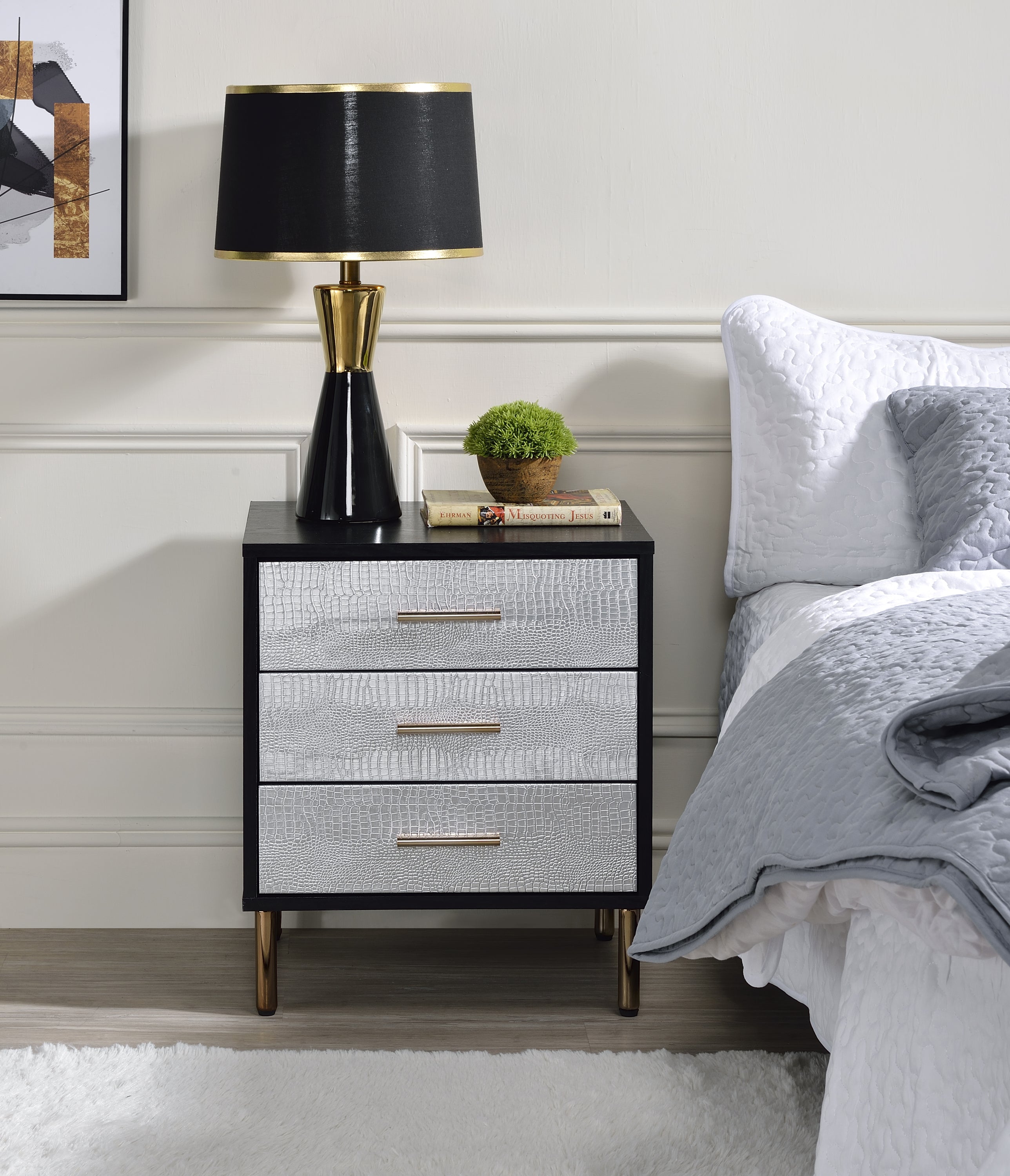 ACME Myles Nightstand, Black, Silver & Gold Finish AC00842