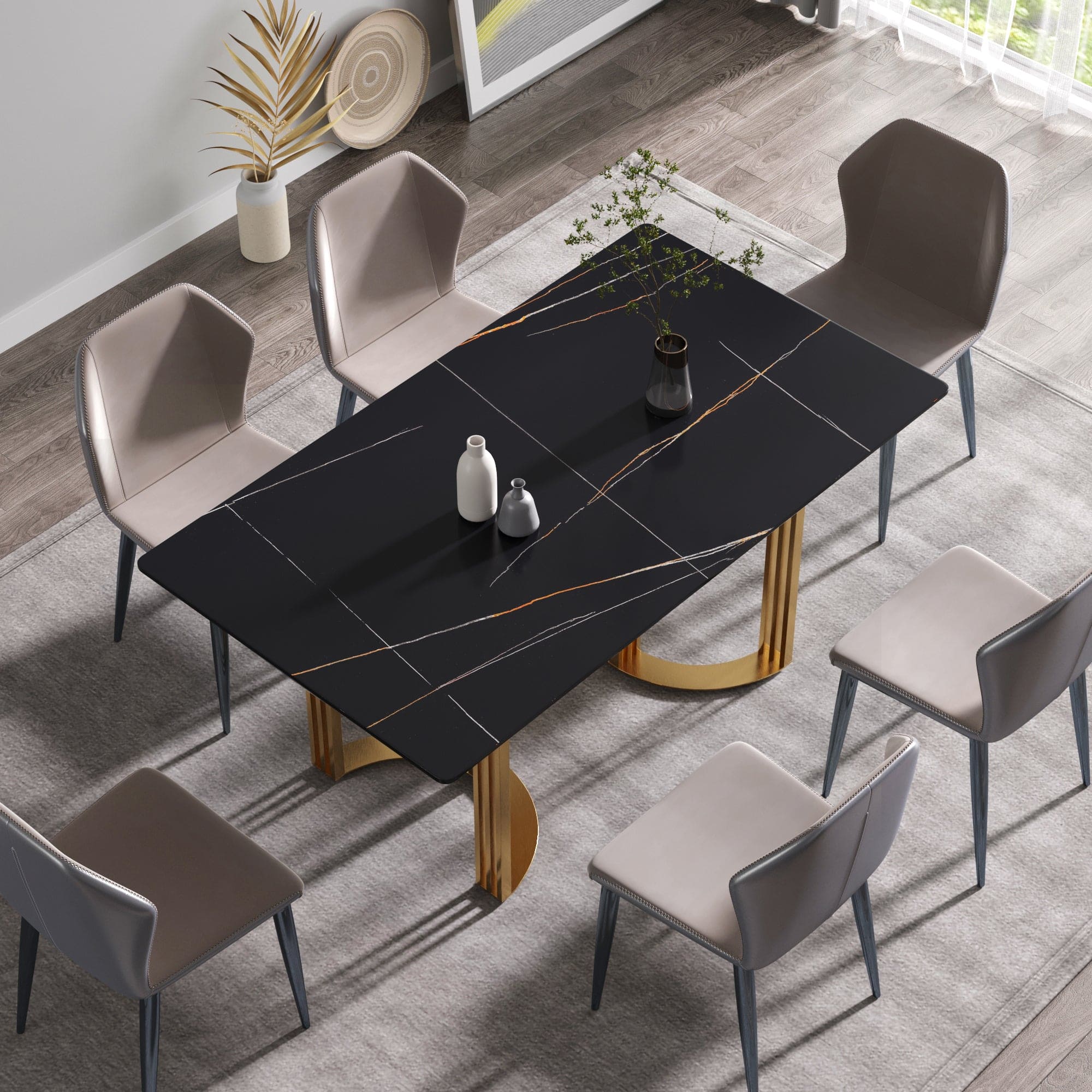 63"Modern artificial stone black straight edge golden metal leg dining table -6 people