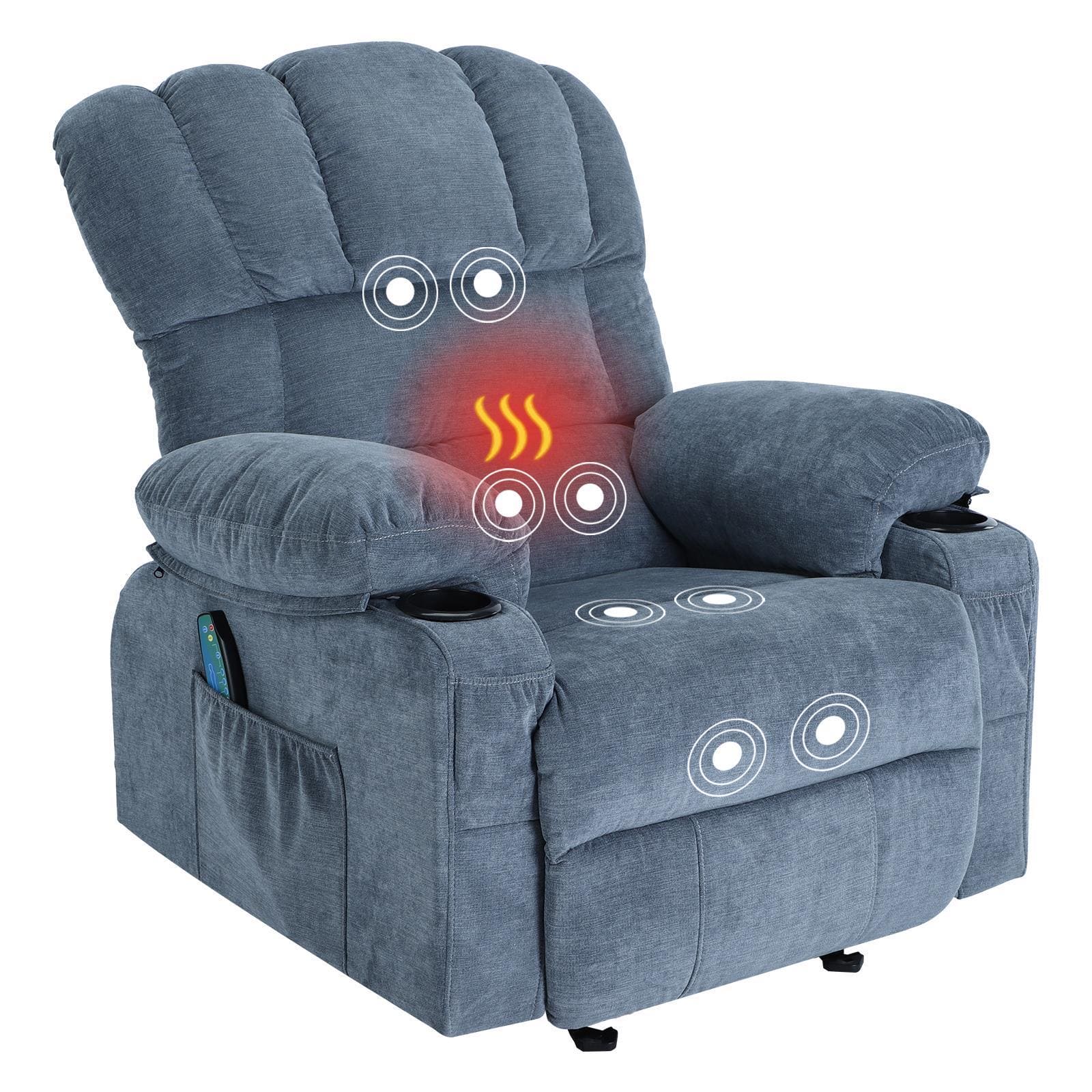 Vanbow.Recliner Chair Massage Heating sofa with USB and side pocket 2 Cup Holders (Blue)